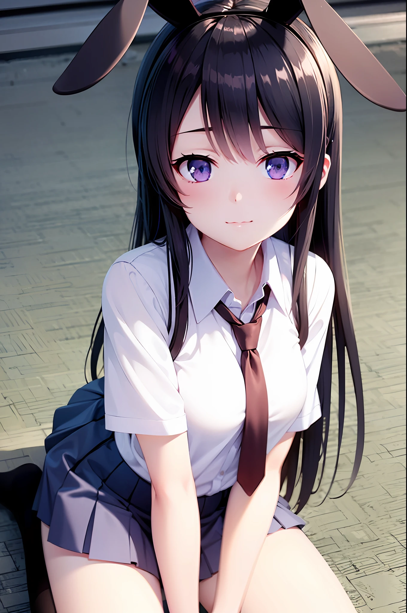 School uniform, white shirt, knee-length socks, pleated skirt, tie, rabbit ears, mayijan, faint smile, mid_breats, best quality