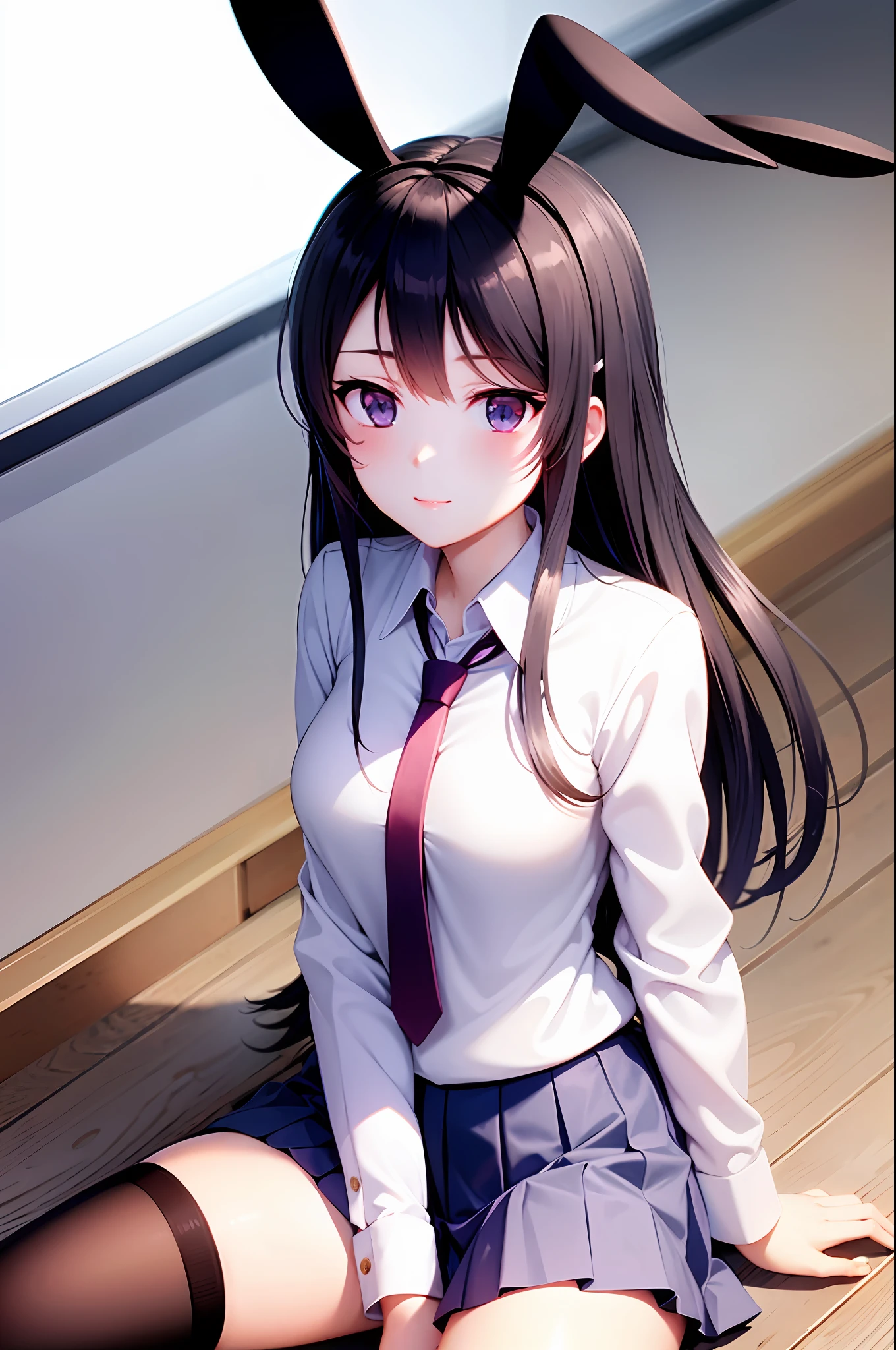 School uniform, white shirt, knee-length socks, pleated skirt, tie, rabbit ears, mayijan, faint smile, mid_breats, best quality