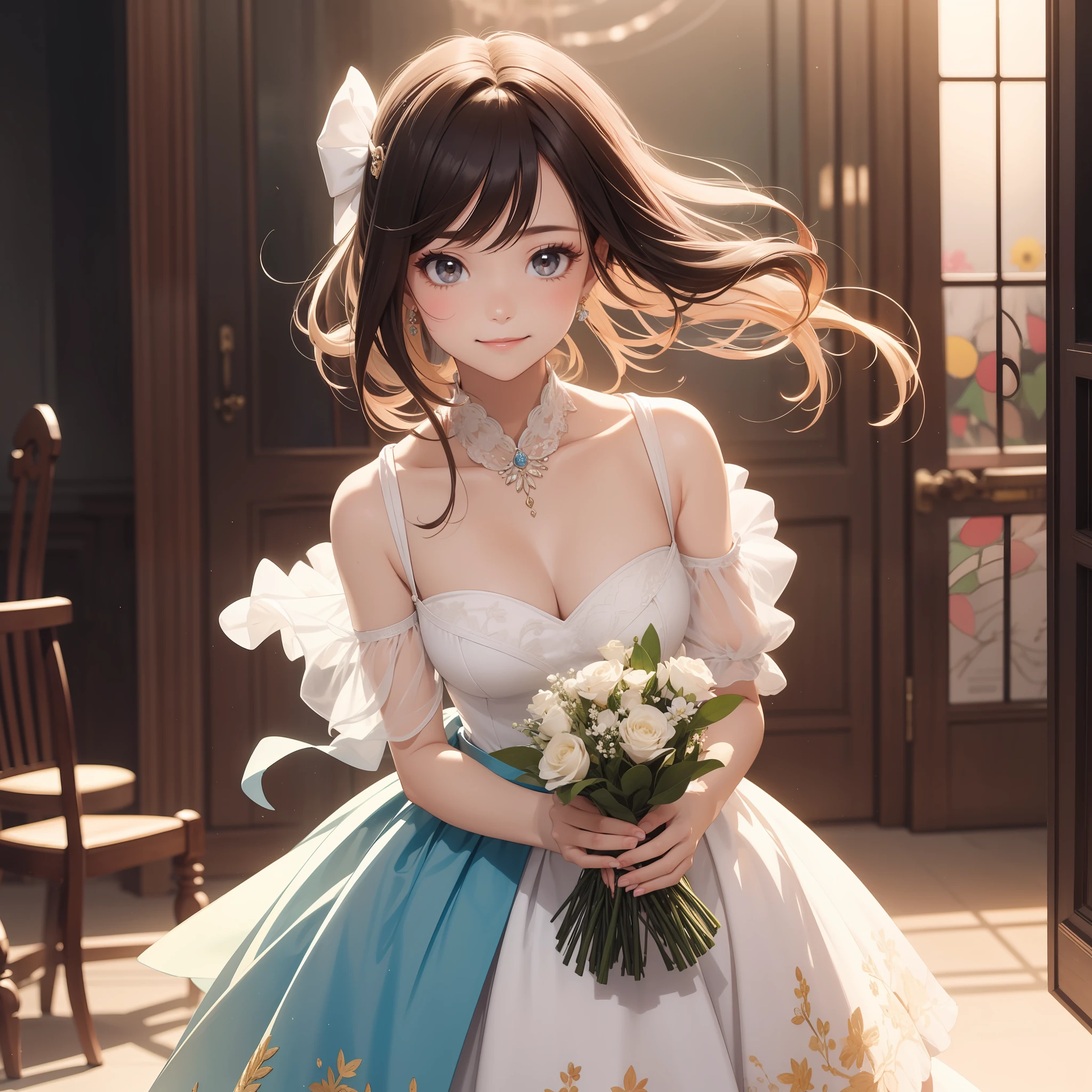 2D: 9, Woman running up from right, Woman running from left, Crayon painting, fantastic, pastel color, illusion, hazy painting style, watercolor, blessing smile, closed mouth, neat, dainty, drooping, round eyes, bruises, docile, cute, holding a large luxurious bouquet in her hands, clear sunlight, random hair, long ribbon, young face, round poyo, beautiful hair fastening, Gorgeous embroidered dresses, luxurious dresses, ruffled dresses, natural makeup, a world painted with stained glass, a kaleidoscope dazzling world,