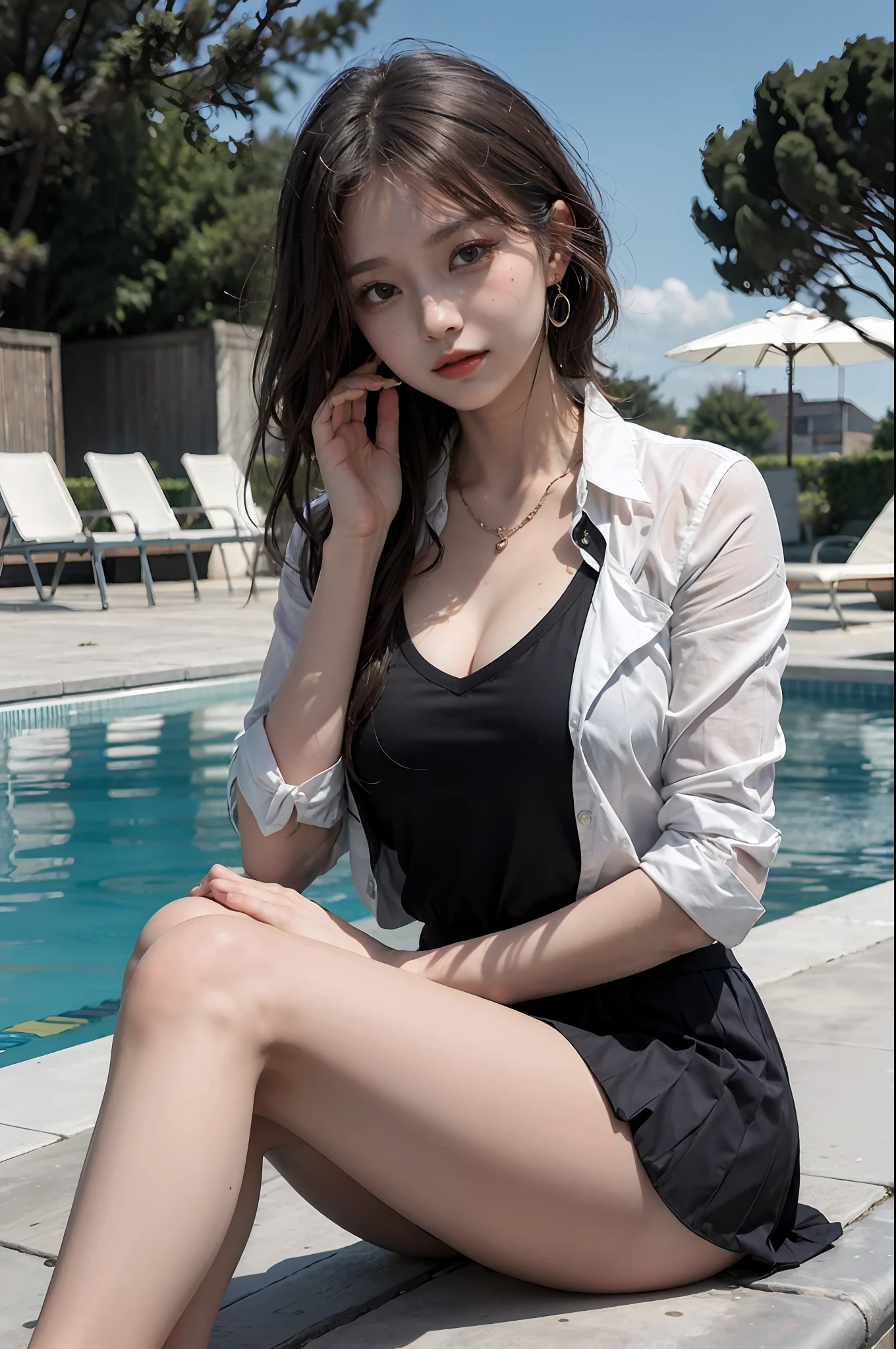 Korean school uniform, school uniform shirt, ribbon, skirt, bright brown hair, school poolside, poolside bench, 8K RAW photo, high resolution, 16 year old cute korean, big round breasts, beautiful eyes in detail, long eyelashes, beautiful double eyelids, slit eyes, elongated eye shape, sanpaku eyes, duck mouth, evil smile, evil look, beautiful very thin legs, beautiful very thin thighs, random short hair, hair tied behind the head, earrings, necklaces,