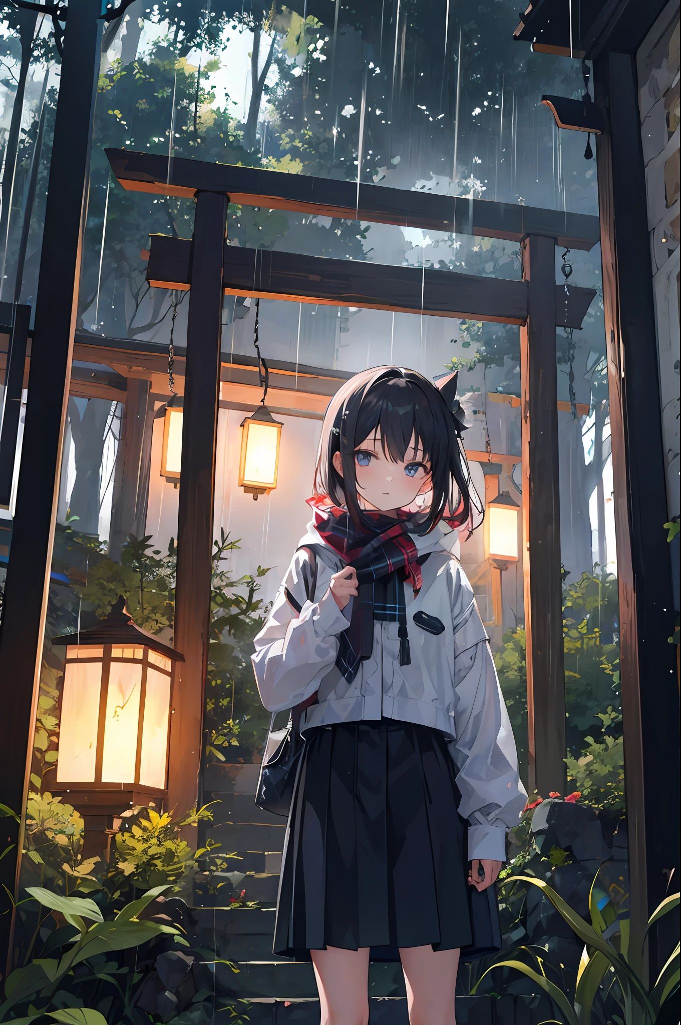1 girl, rain, night, forest, shrine