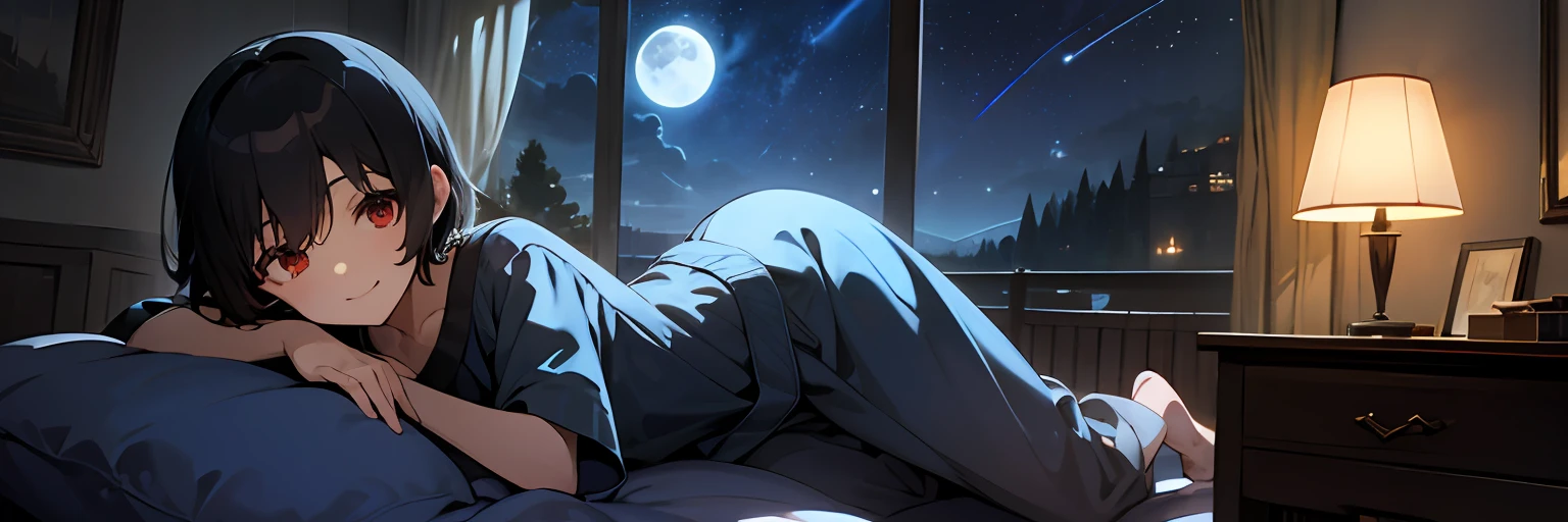 masterpiece, best quality, ultra detailed,shota, indoors, bedroom, night, short hair, black hair,dark room,red eyes, smile , black pajamas,watch viewer,landscape,blue lighting,small moon,starry sky,futon,supine