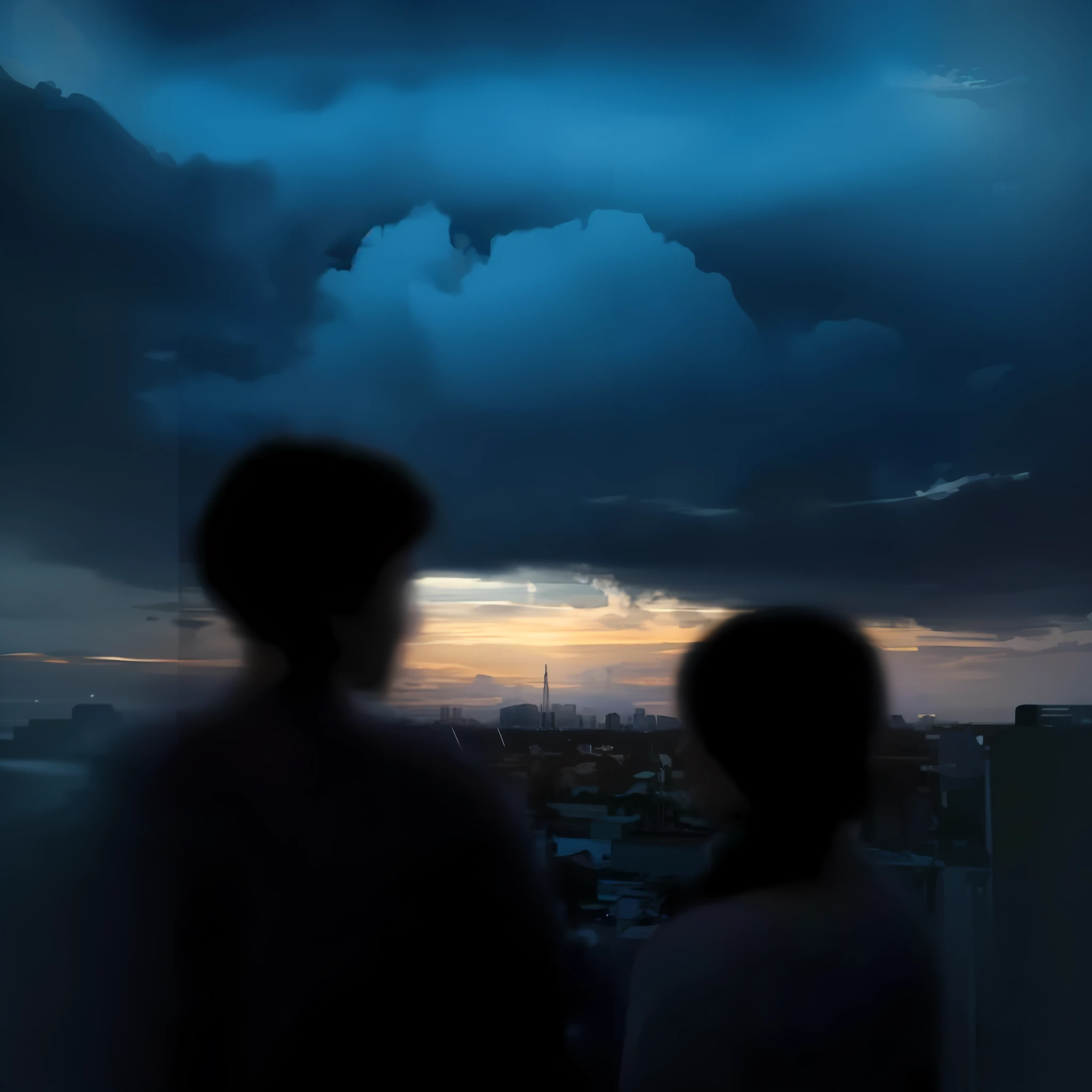 there are two people standing in front of a cloudy sky, with dramatic sky, dramatic cinematic shot, ominous photo, cinematic atmospheric photo, dramatic sci-fi movie still, in this ominous scene, cinematic movie still, ominous evening, ominous beautiful mood, ominous, cinematic film still, still from the movie the arrival, overcast!!! cinematic focus, ominous atmosphere