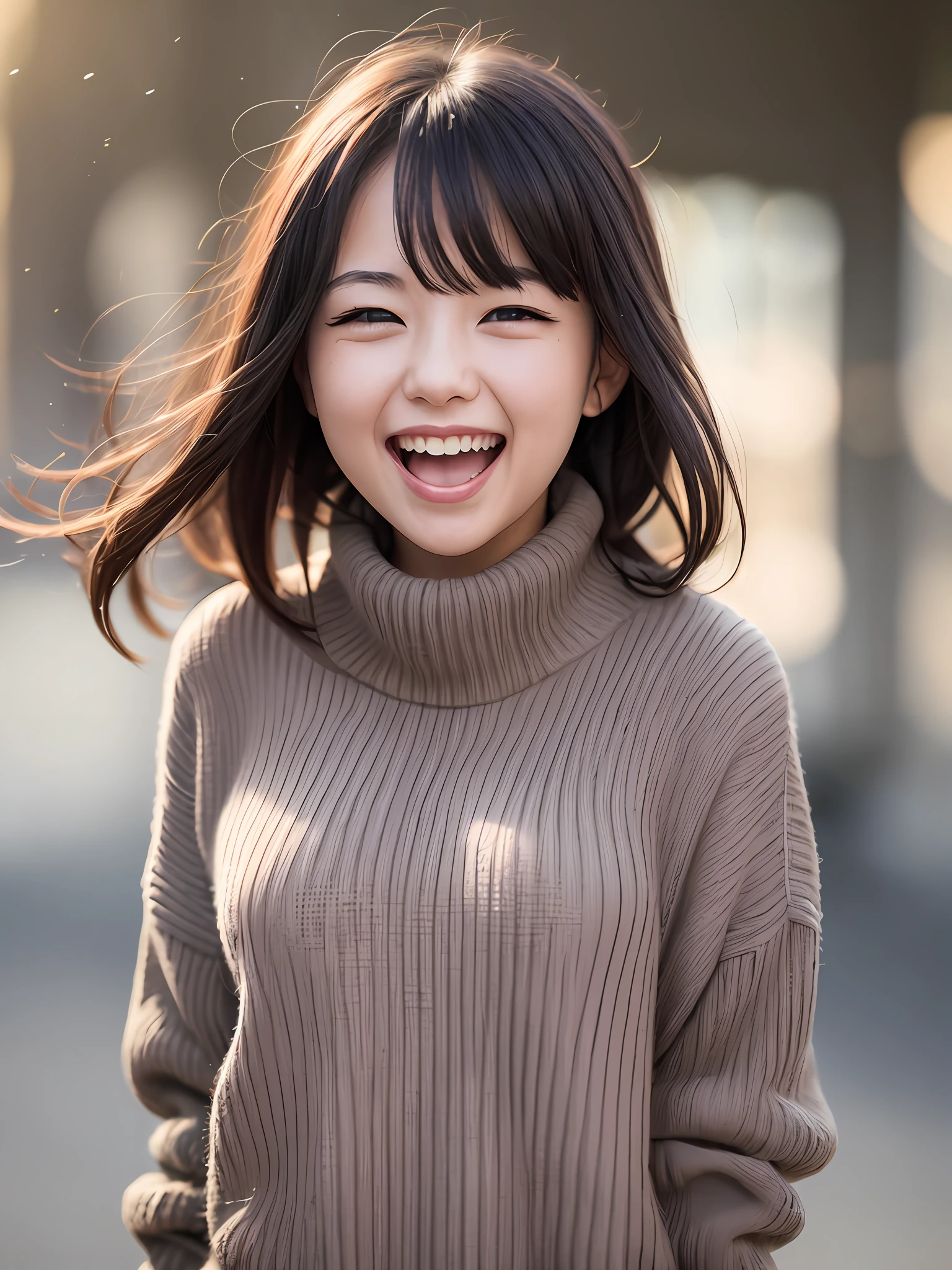 a girl, cosy sweater on, upper body, (huge Laughing:1.1), (open mouth:1.1), (wide open eyes:1.2), sun glare, bokeh, depth of field, blurry background, light particles, strong wind, (heart particles:1.1)