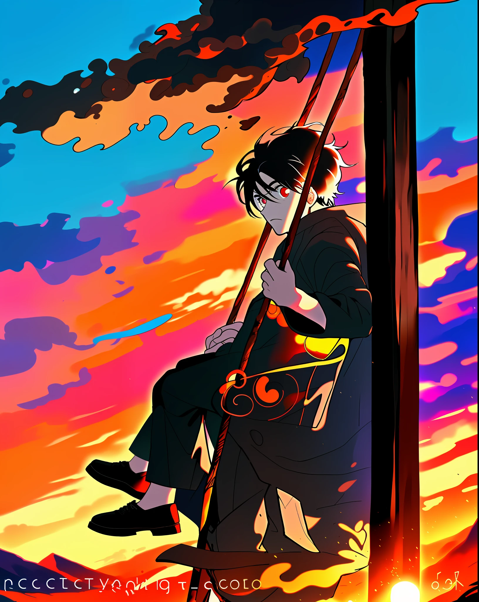 A man, in the deep mountains and old forests, alone, lonely, sad, swinging, sunset, black hair, red eyes, ultraviolet coat, black trousers, only he is around
