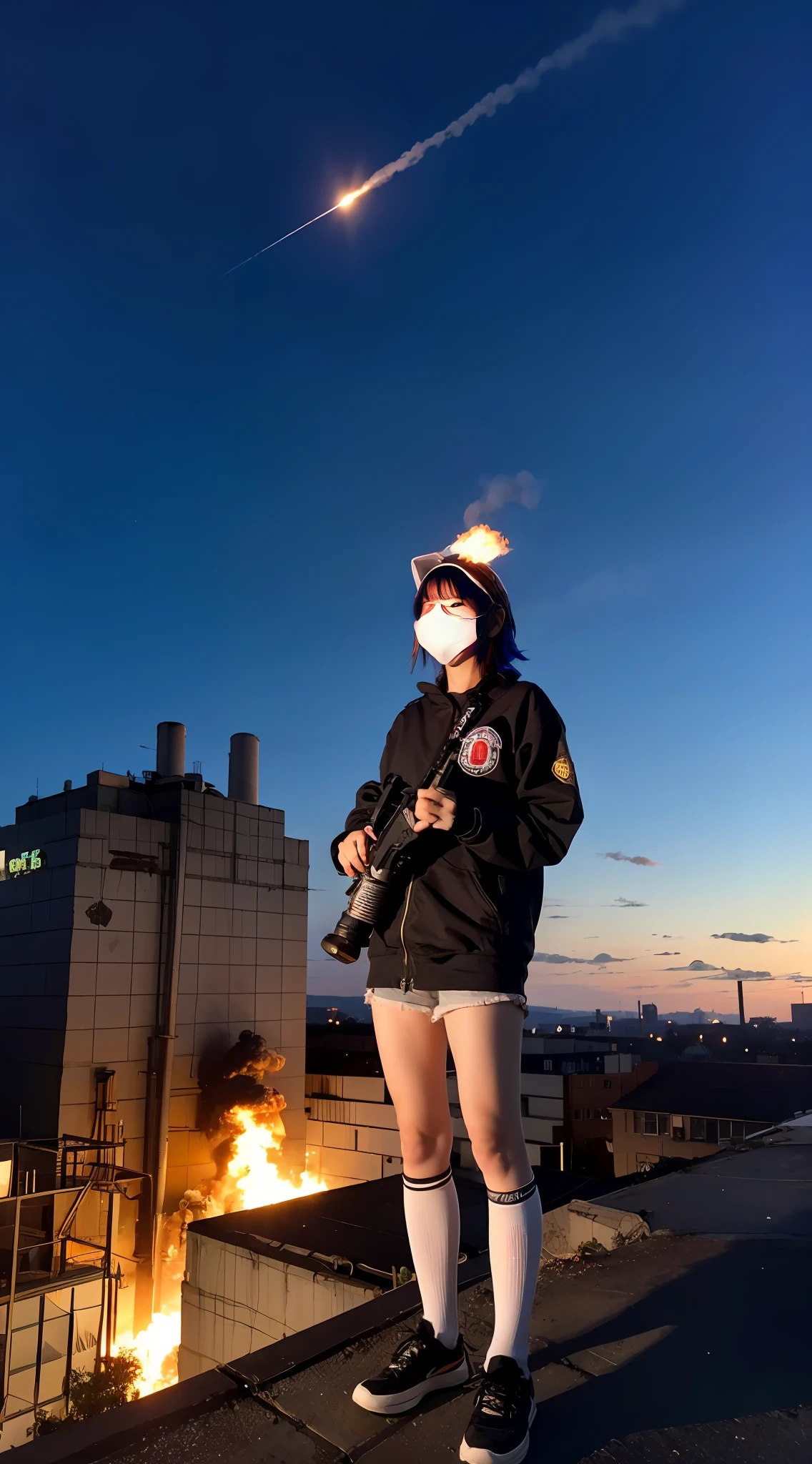 Riot, nuclear power plant on background, terrorist group, fluorescent headgear, short hair, blue hair, firing from flamethrower,  girl, 14 years old,igh socks, rooftop at night, city on the background is burning