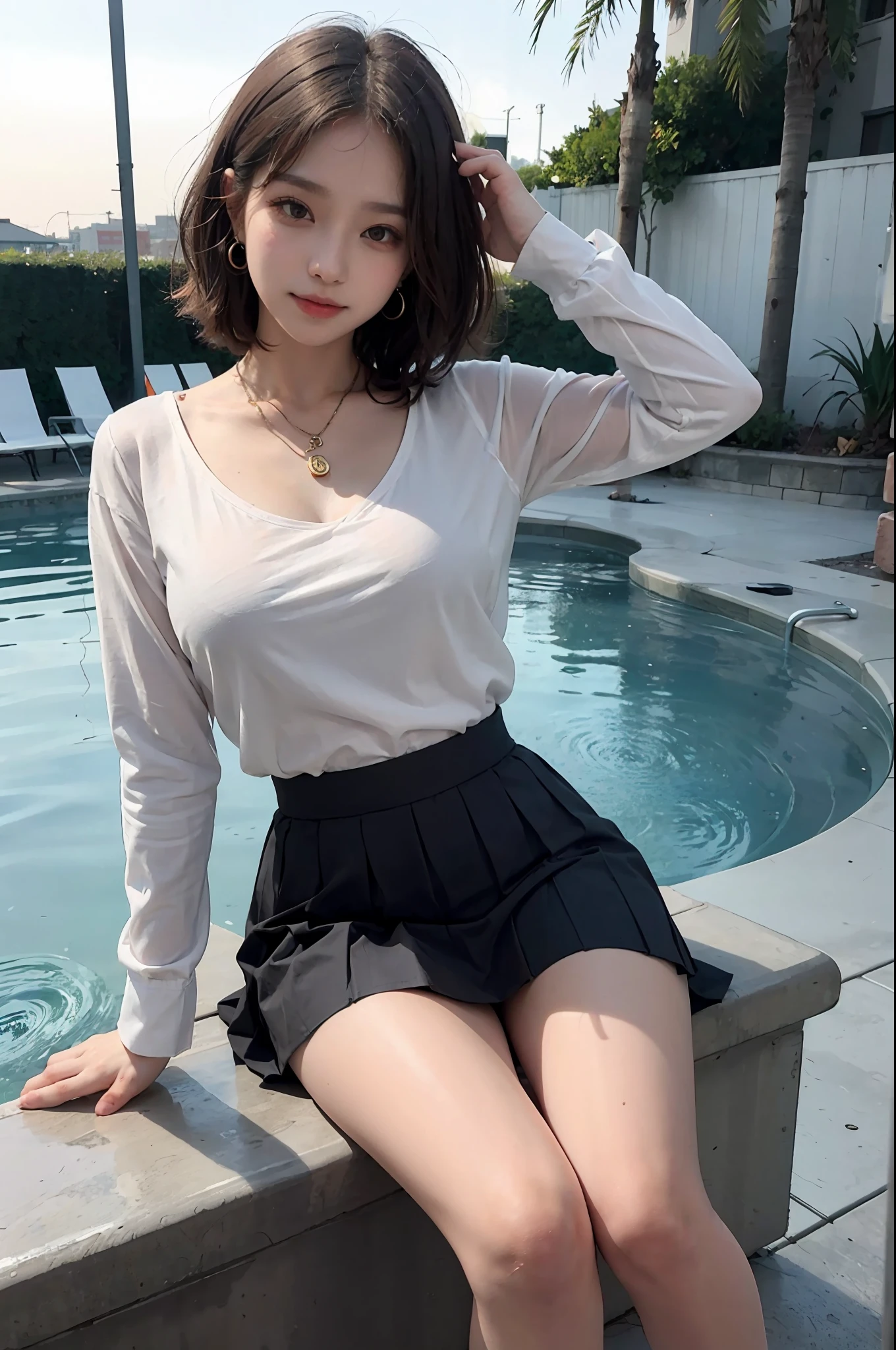 Korean school uniform, school uniform shirt, ribbon, skirt, bright brown hair, school poolside, poolside bench, 8K RAW photo, high resolution,  cute korean, big round breasts, beautiful eyes in detail, long eyelashes, beautiful double eyelids, slit eyes, elongated eye shape, sanpaku eyes, duck mouth, evil smile, evil look, beautiful very thin legs, beautiful very thin thighs, random short hair, hair tied behind the head, earrings, necklaces,