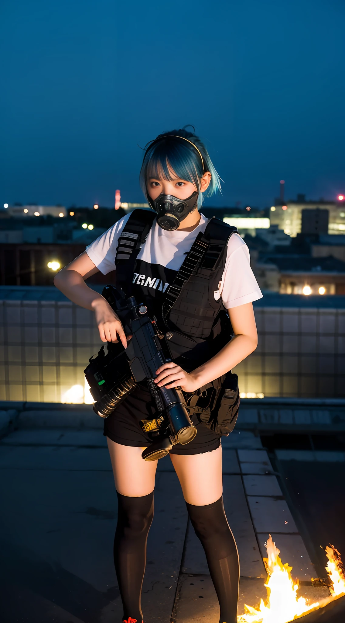 Riot, nuclear power plant on background, terrorist group, fluorescent headgear, short hair, blue hair, firing from flamethrower, girl, 14 years old,igh socks, rooftop at night, city on the background is burning