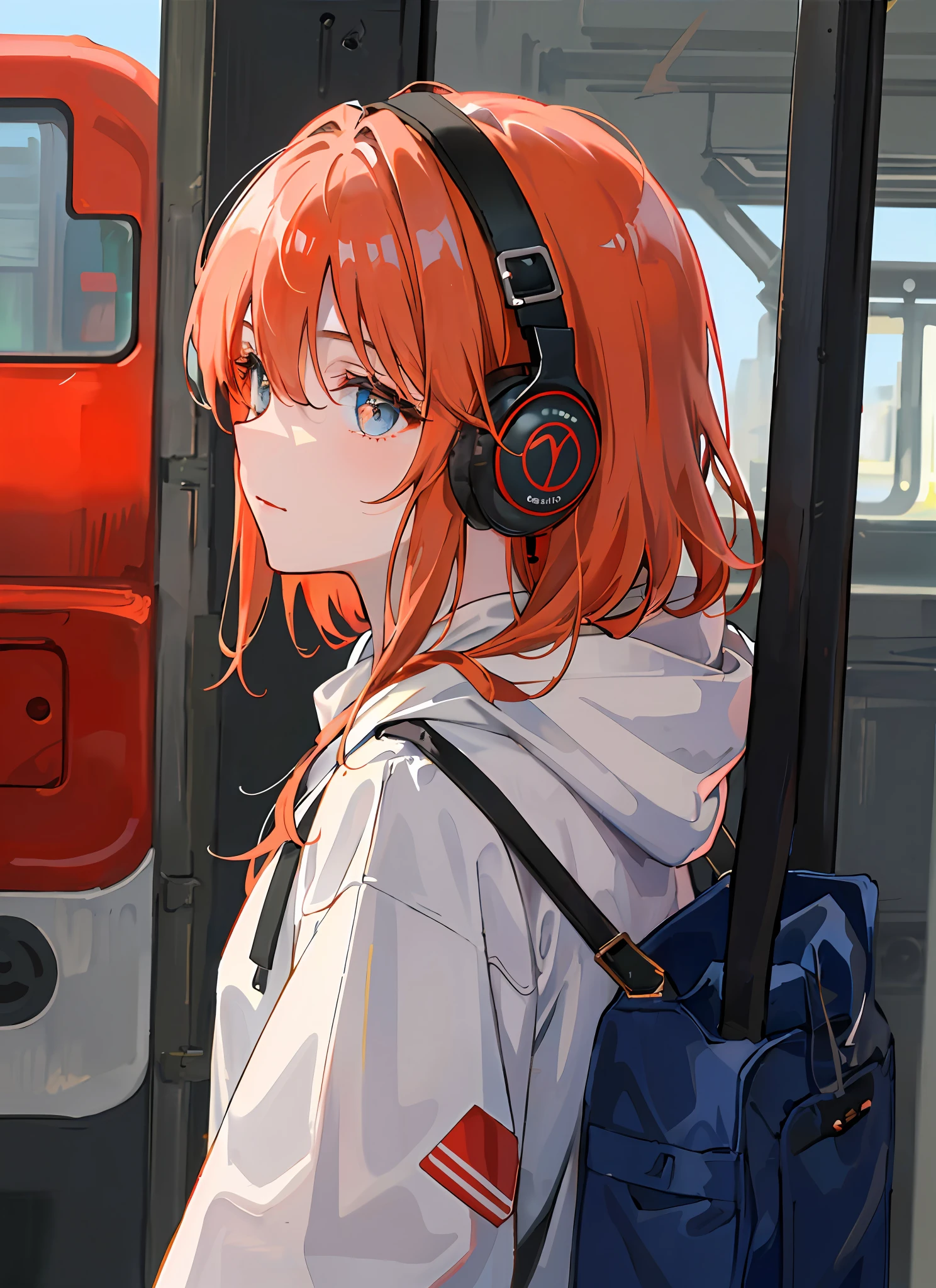 (masterpiece, sidelighting, ultra-detailed, finely detailed beautiful eyes: 1.2), 1girl, bag, building, from side, headphones, hood, hood down, hooded jacket, hoodie, jacket, long hair, orange hair, profile, red hair, solo, train, train interior, upper body, Masterpiece, best quality