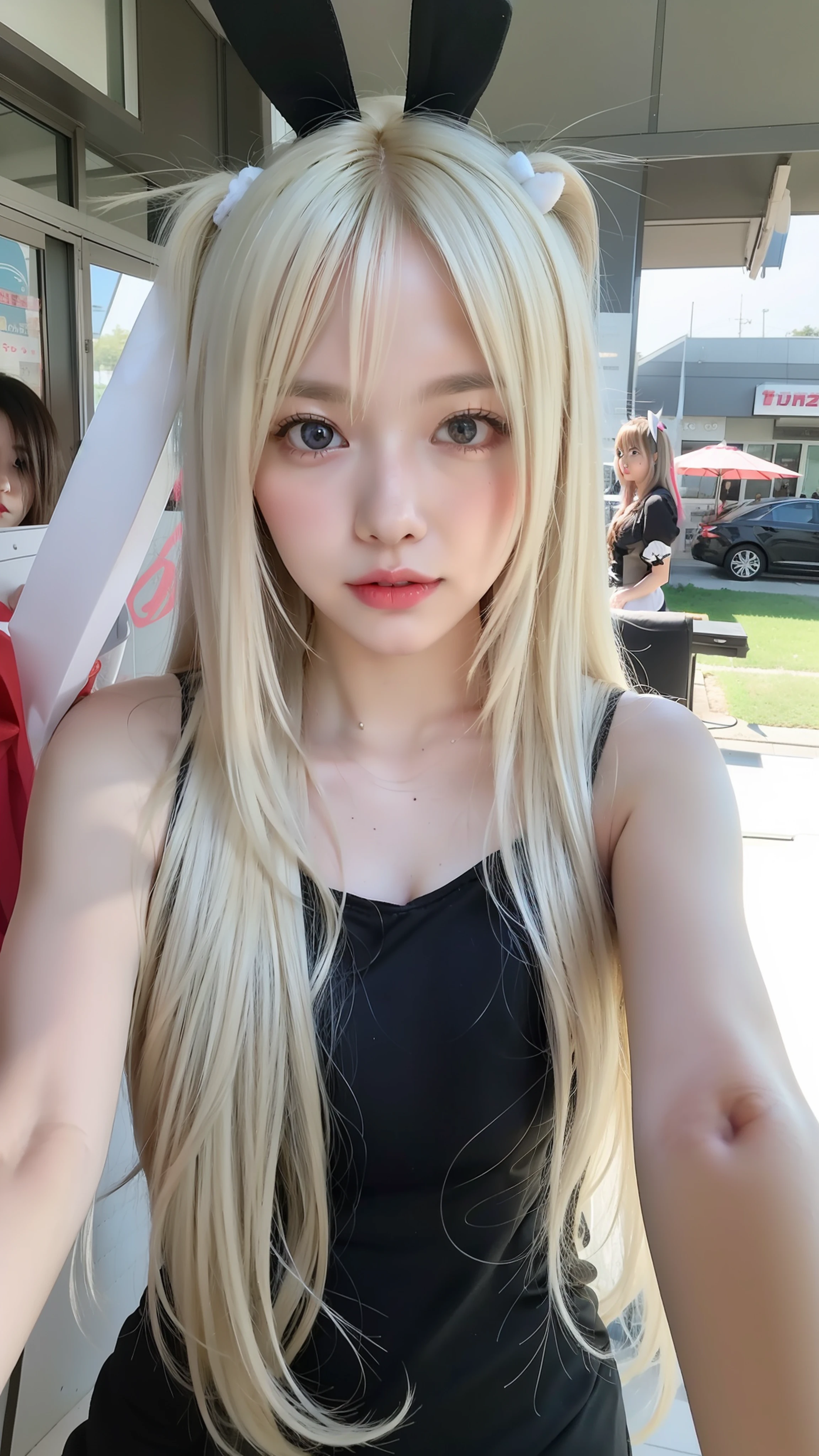blond haired girl with long hair and bunny ears posing for a picture, with long white hair, with white long hair, anime girl in real life, long white hair and bangs, anime girl cosplay, white long hair!!, anime thai girl, girl with white hair, flowing white hair, cosplayer, long white hair, with long blond hair, her hair is white