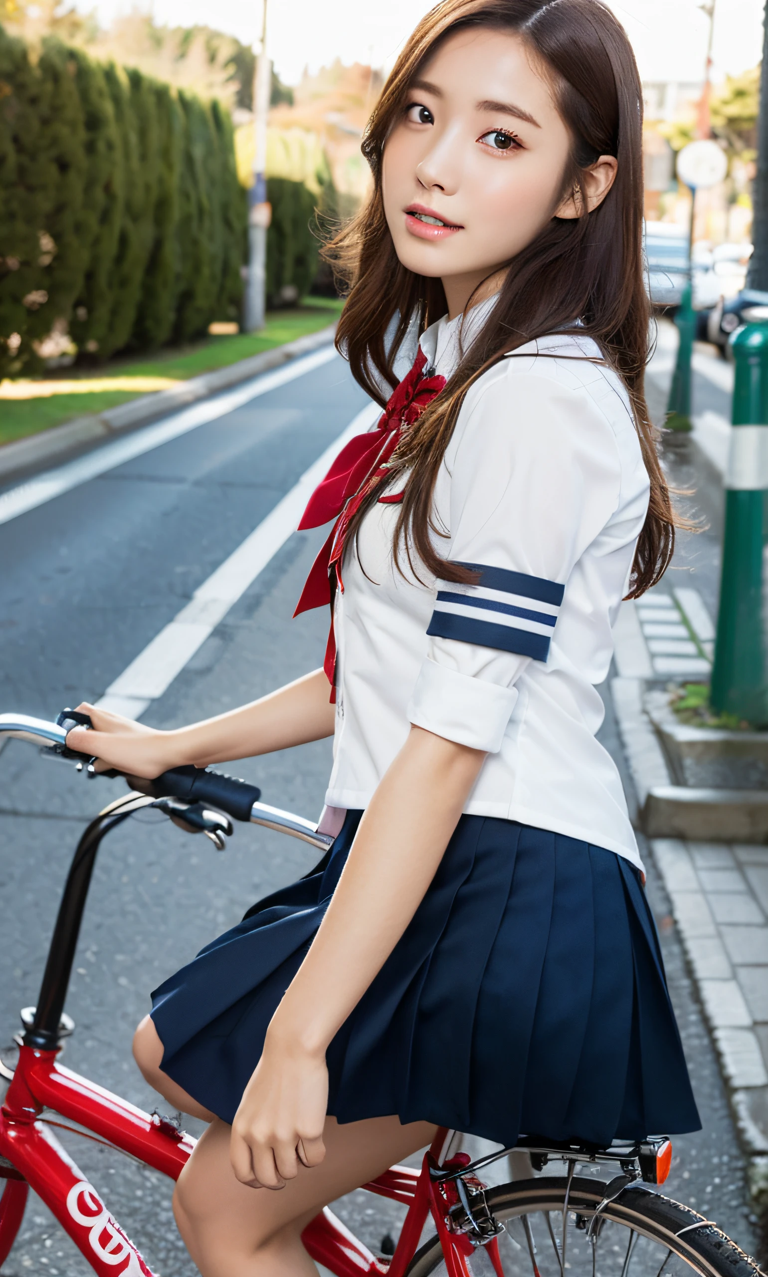 Coastline road, front, angle from below, straight hair, pedaling bicycle, hands forward and holding bicycle handlebars, sitting on bicycle saddle, ulzzang-6500-v1.1, (Raw photo: 1.2), (Photorealistic: 1.4), white panties, beautiful detailed girl, very detailed eyes and face, beautiful detailed eyes, huge file size, high definition, very detailed, best quality, masterpiece, (((Japan girls' high school uniform)), very detailed, cg, 8k wallpaper, fantastic, fine detail, best quality, highly detailed cg uniform, light on face, movie lighting, 16 year old girl,