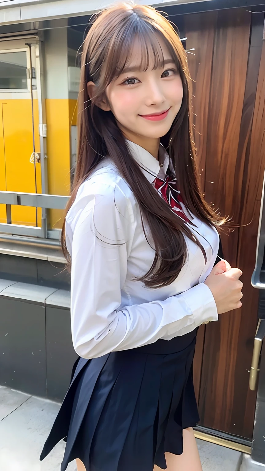 ((Top Quality, 8k, Masterpiece: 1.3)), there are 1 girl, smiling, full-body, slim face, pretty woman, super detailed face, detailed eyes, double eyelids, skirt and cat ears costume, Urzan, Sakimi-chan, JK uniform, Japan girls school uniform, Seifuku, cute core, trending in CGSTATION, smooth white tight clothes suit, Japan school uniform, Cute High School Girl, Magic School Student Uniform, Nekomimi, High School Girl, Korean Girl, Jin Young Shin
