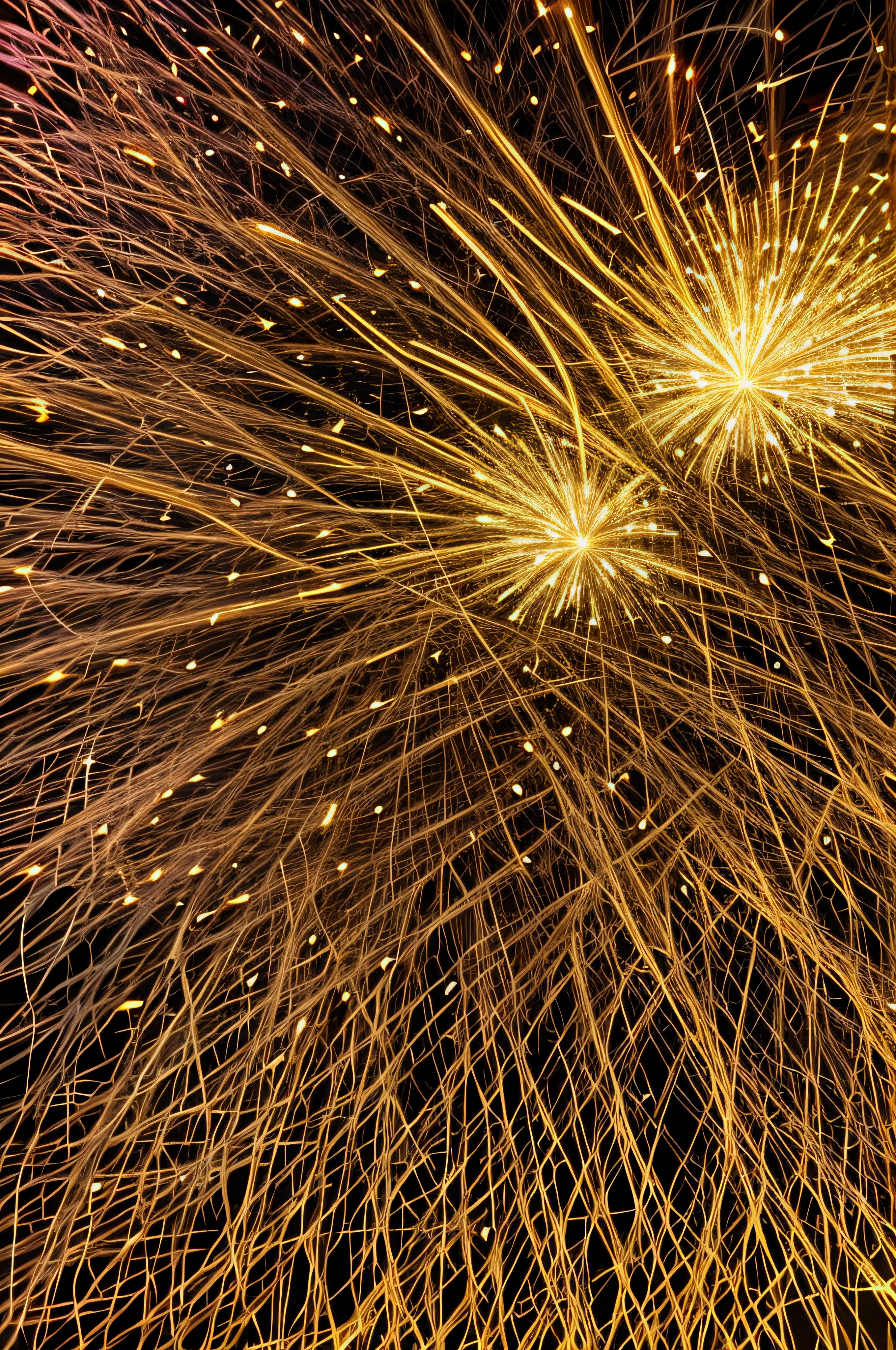 a close up of a firework with many lights in the background, large electrical gold sparks, gold sparks, electric sparks, sparks, magical sparks, fire sparks, with sparking circuits, some chaotic sparkles, bright sparks, fireworks, bright thin wires, sparks of light, sparks flying, intricate sparkling atmosphere, light traces, fiery particles, bright explosion