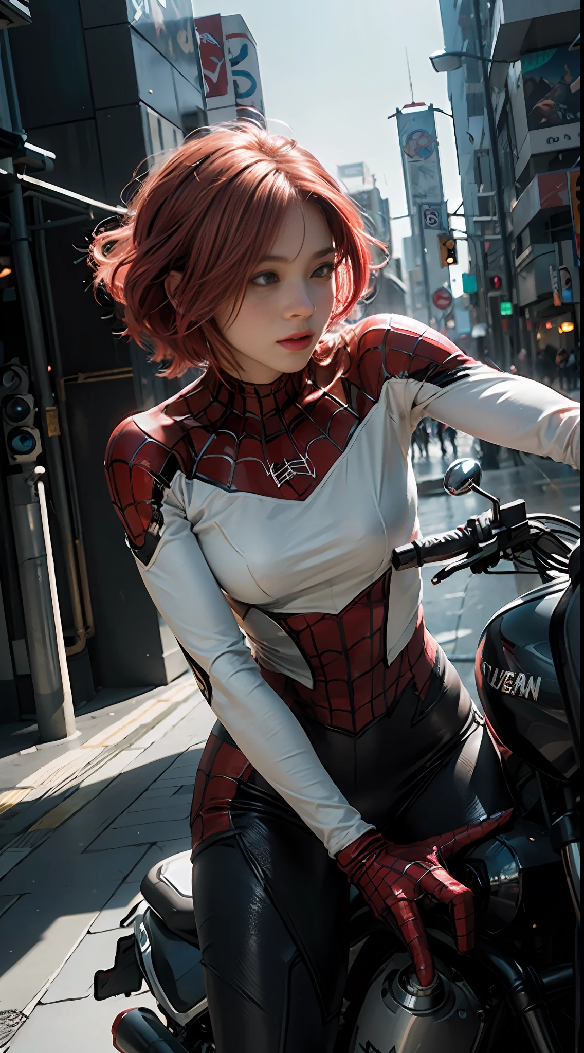 (Extreme Detail CG Unity 8K wallpaper, masterpiece, highest quality), (exquisite lighting and shadows, very dramatic images, cinematic lens effect), girl in white Spider-Man costume, shocking pink hair color, Spider-Man parallel universe, Wenger, Marvel, Spider-Man, riding a motorcycle, dynamic pose), (excellent detail, good lighting, wide angle), (excellent rendering, enough to stand out in its class), a white Spider-Man costume, focusing on complex spider textures. The background is Tokyo Tower,