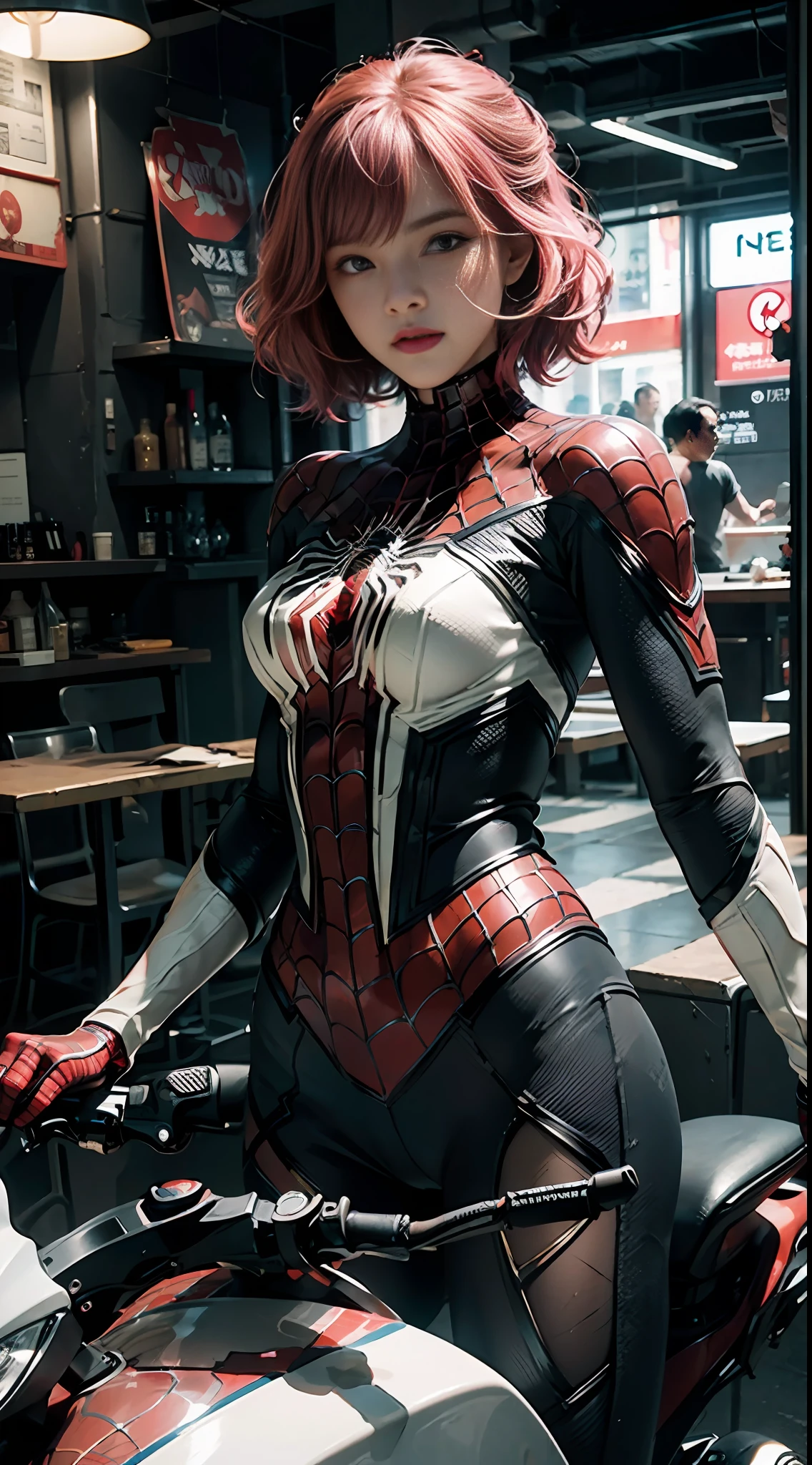 (Extreme Detail CG Unity 8K wallpaper, masterpiece, highest quality), (exquisite lighting and shadows, very dramatic images, cinematic lens effect), girl in white Spider-Man costume, shocking pink hair color, Spider-Man parallel universe, Wenger, Marvel, Spider-Man, riding a motorcycle, dynamic pose), (excellent detail, good lighting, wide angle), (excellent rendering, enough to stand out in its class), a white Spider-Man costume, focusing on complex spider textures. The background is Tokyo Tower,