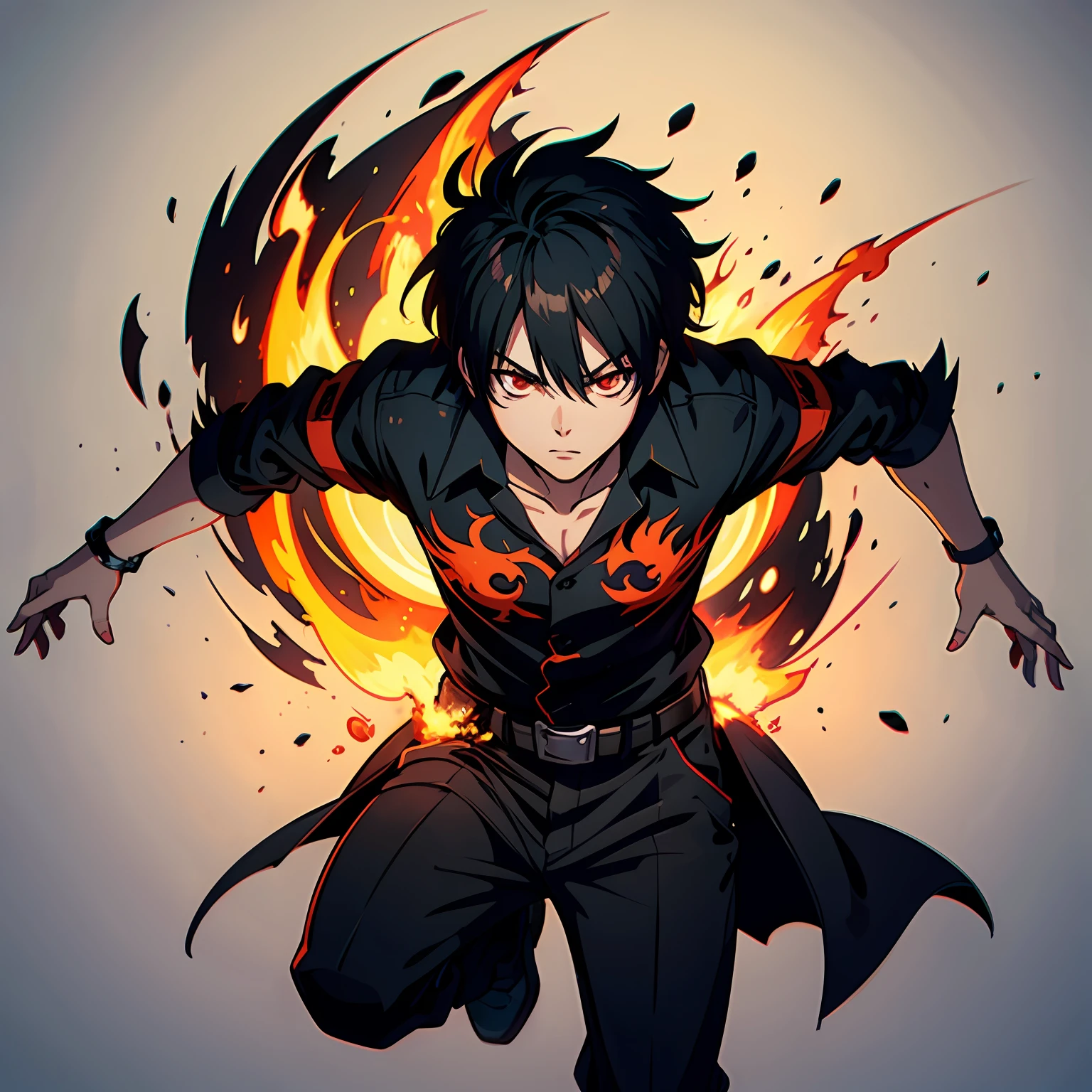 boy a black red shadow in anime style with red eyes with flames behind, --auto