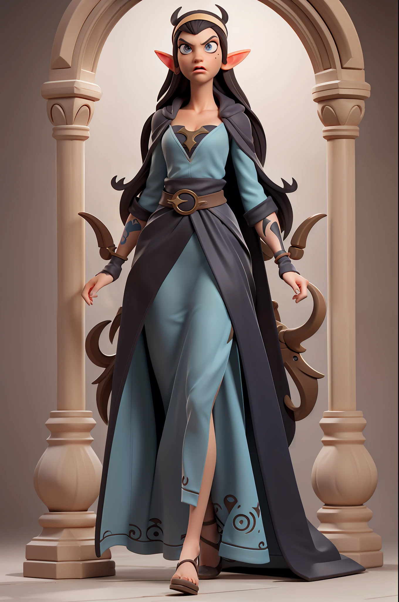 (Masterpiece), (Excellent), (Super Meticulous), (Full Body: 1.2), realistic and proportional human body: 1.2, beautiful Woman, Beautiful female elf: 1.5, tall and slender, small breasts, thin waist, thick thighs, stylized hair: 1.5, solo: 1.5, 1girl, hyper detailed medieval long dress: 1.8, big realistic eyes: 1.2, hyper detailed face, multiple frames with the same character, d&d iconic character, hyper natural realistic skin, hyper realistic tattoos, very clean, confident and proud facial expression, 3D character design, extremely detailed CGI digital art wallpaper, correct anatomy cartoon style, octane rendering, fierce expression on your face, volumetry