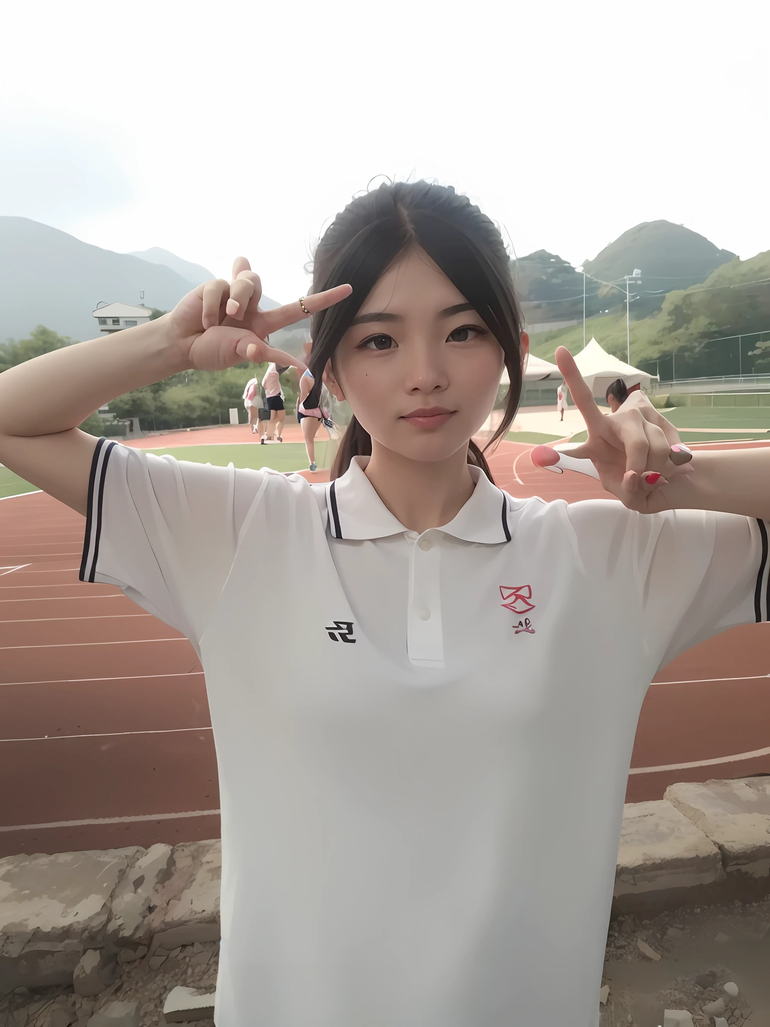 there is a woman that is standing on a track making a peace sign, xintong chen, wearing track and field suit, wenfei ye, lu ji, ruan jia beautiful!, li zixin, yun ling, wearing school uniform, xiaofan zhang, girl wearing uniform, wearing japanese school uniform, xue han, qiu fang