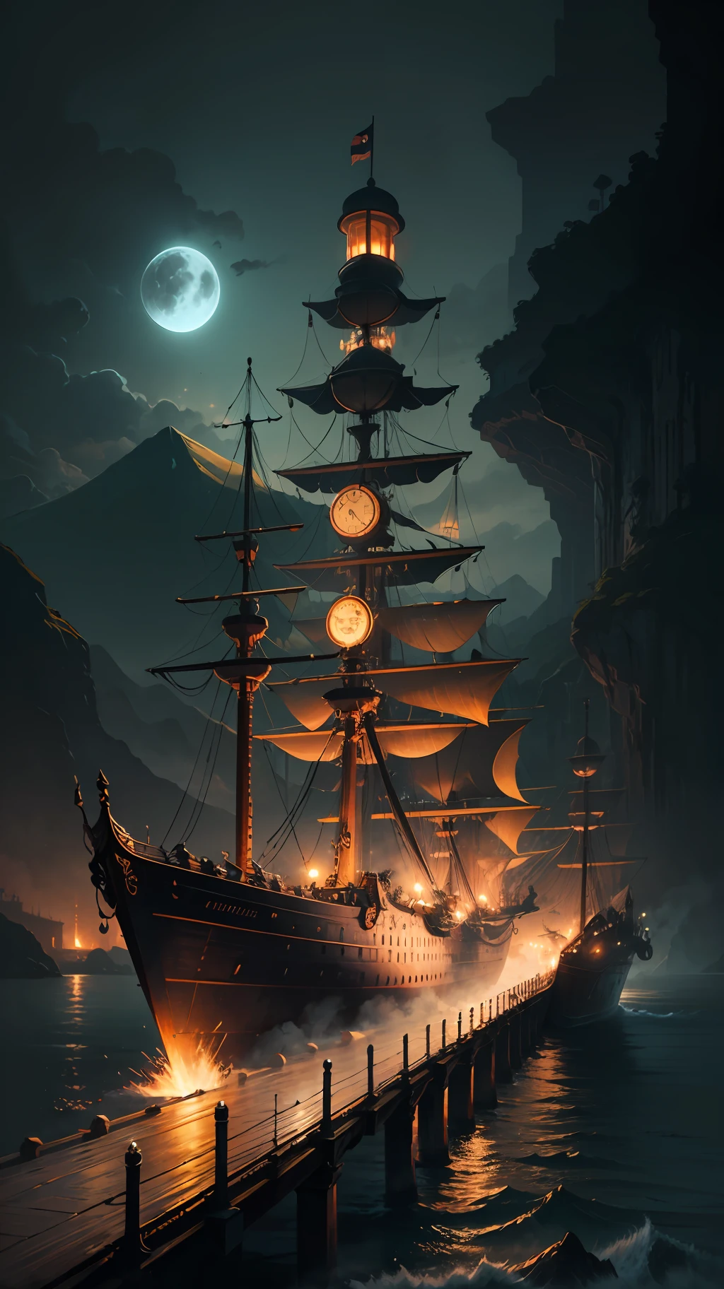 (Best quality), Oriental detailed background, landscape, steampunk, sea, night --auto
