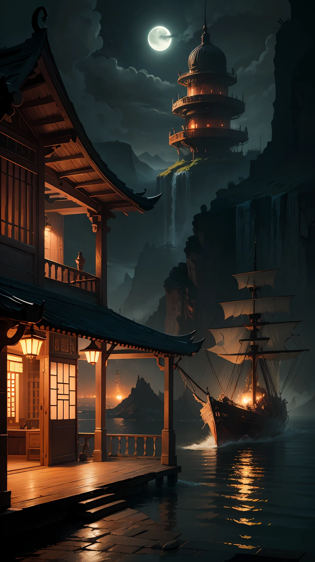 (Best quality), Oriental detailed background, landscape, steampunk, sea, night --auto