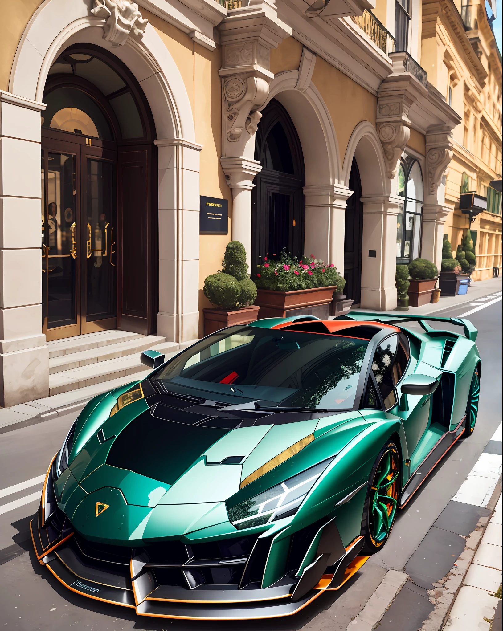 a close up of a black and green sports car parked on a street, bold lamborghini style, veneno, luxury lifestyle, lamborghini, luxurious, flaunting his wealth, very expensive, hyper luxurious, luxury and elite, supercar, expensive, expensive masterpiece, super car, chrome and carbon, very symmetrical, glass and metal : : peugot onyx, extravagant