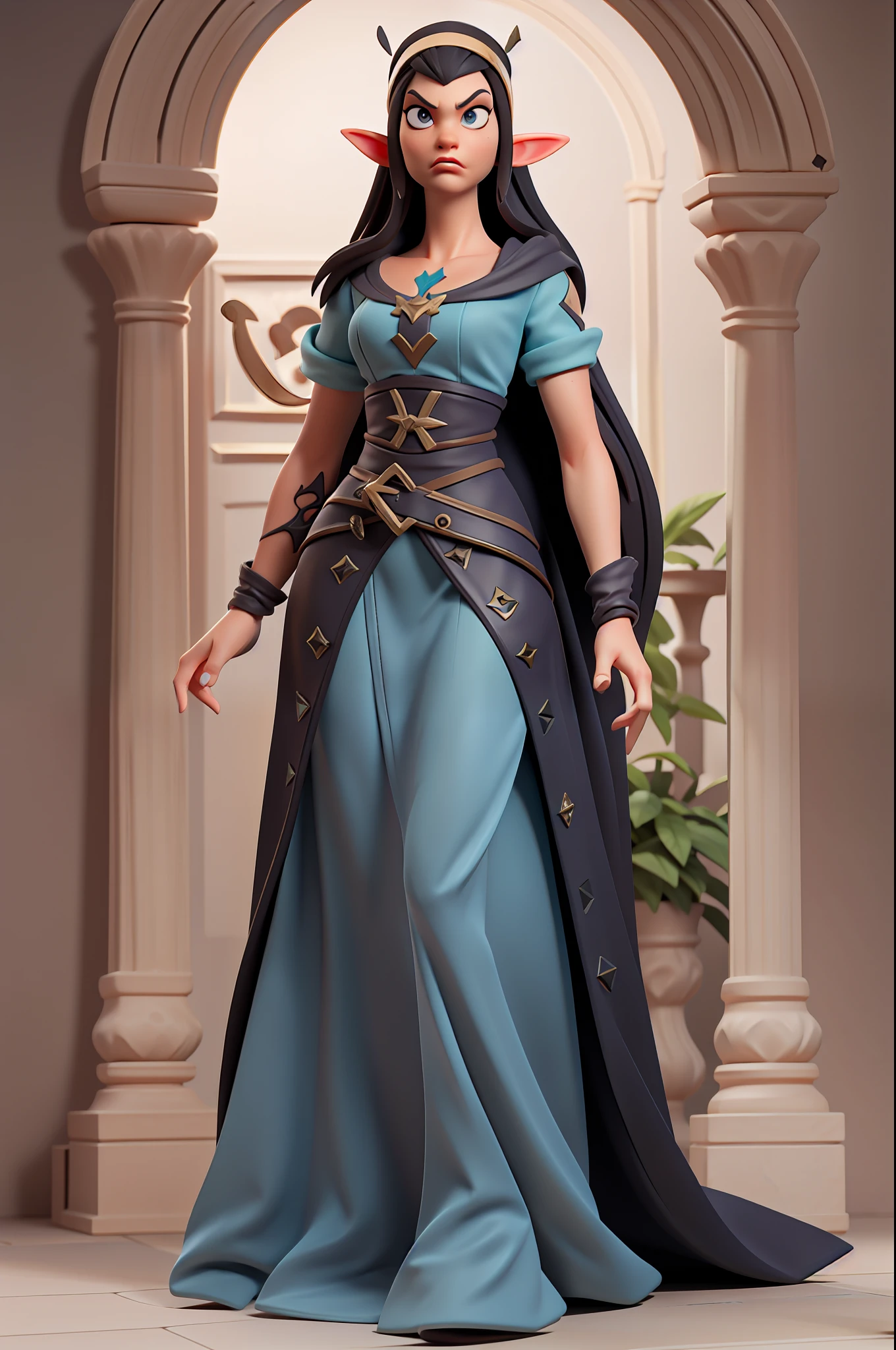 (Masterpiece), (Excellent), (Super Meticulous), (Full Body: 1.2), realistic and proportional human body: 1.2, beautiful Woman, Beautiful female elf: 1.5, tall and slender, small breasts, thin waist, thick thighs, stylized hair: 1.5, solo: 1.5, 1girl, hyper detailed medieval long dress: 1.8, big realistic eyes: 1.2, hyper detailed face, multiple frames with the same character, d&d iconic character, hyper natural realistic skin, hyper realistic tattoos, very clean, confident and proud facial expression, 3D character design, extremely detailed CGI digital art wallpaper, correct anatomy cartoon style, octane rendering, fierce expression on your face, volumetry