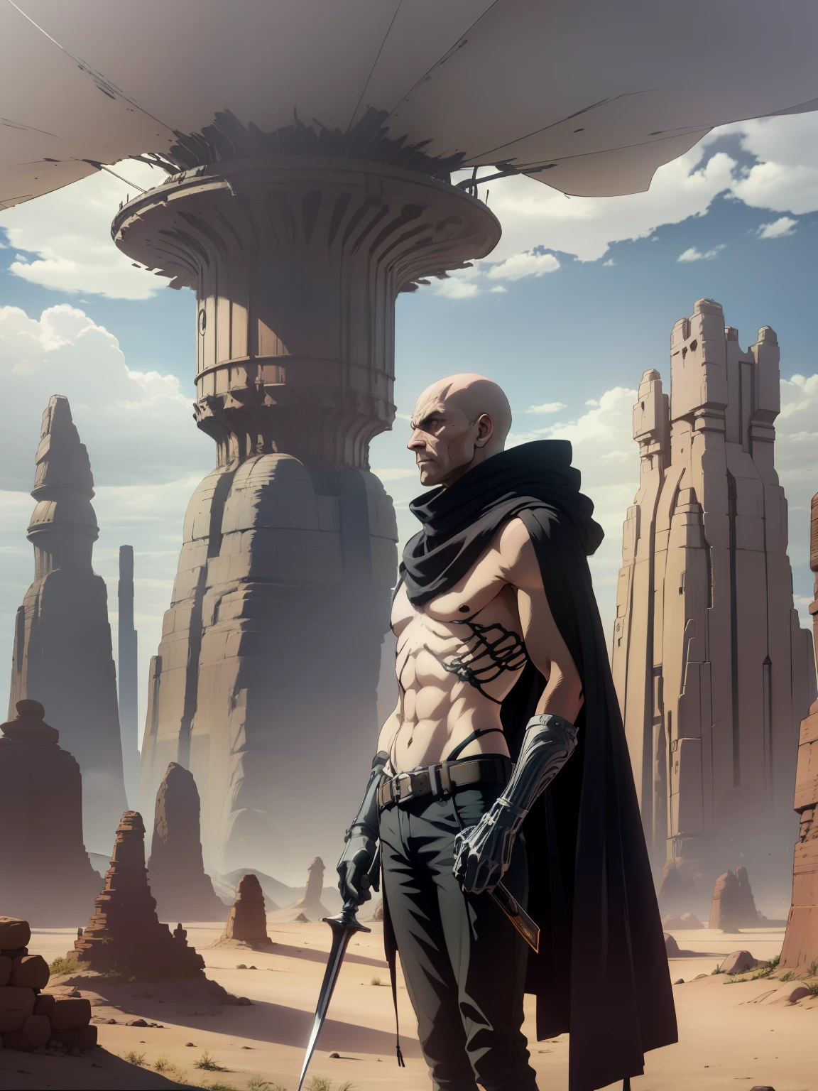 bald man dressed only in black pants and a hooded black scarf, standing in the middle of a desert. He observes a colossal flying island in the sky, positioned far away. In the distance, there are sandy rock formations resembling skeletal figures. The man holds a dagger in his hand while his torso remains bare. The emphasis is on his black scarf and pants, with no other clothing or accessories presen
