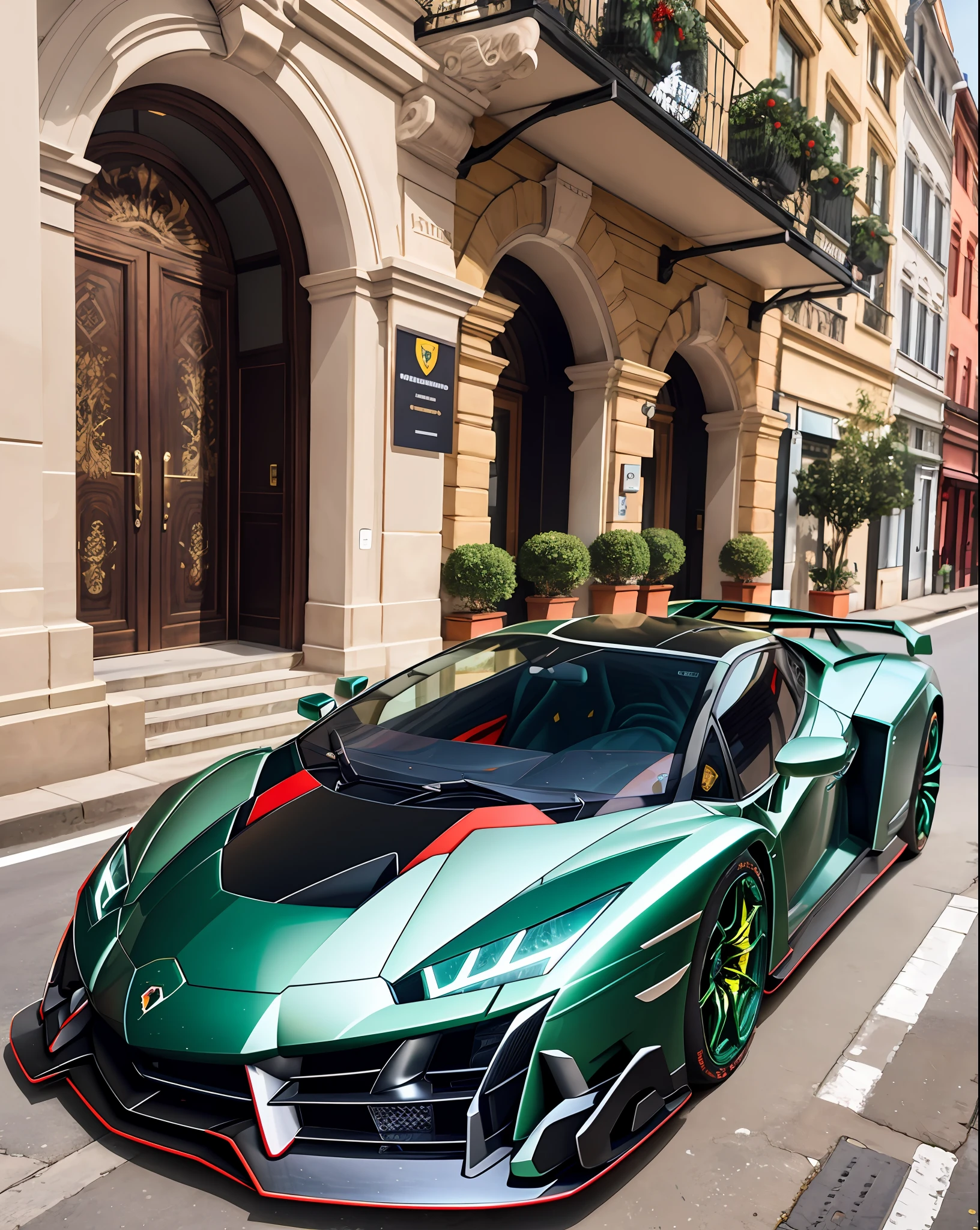 a close up of a black and green sports car parked on a street, bold lamborghini style, veneno, luxury lifestyle, lamborghini, luxurious, flaunting his wealth, very expensive, hyper luxurious, luxury and elite, supercar, expensive, expensive masterpiece, super car, chrome and carbon, very symmetrical, glass and metal : : peugot onyx, extravagant