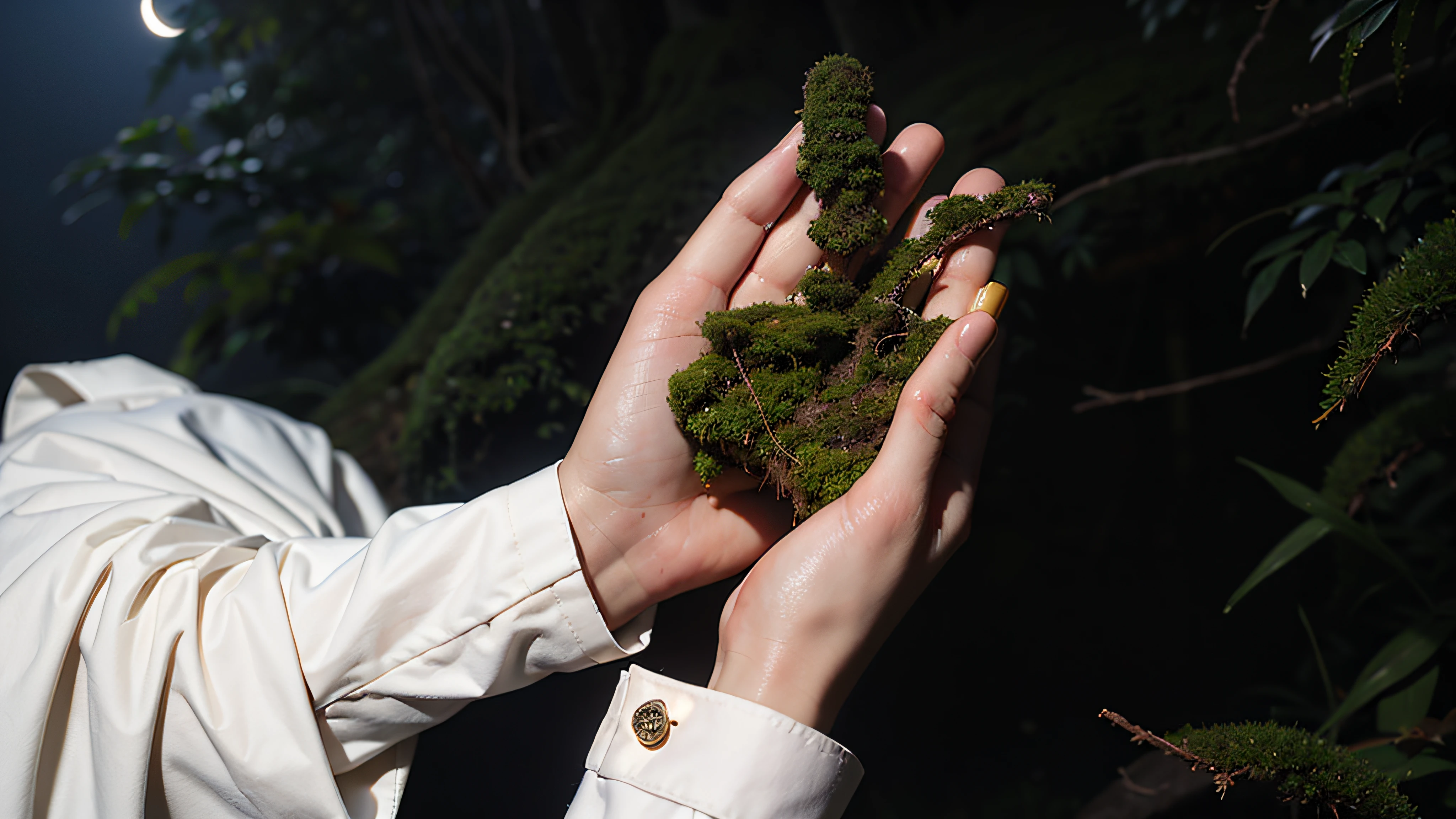 hands, holding moss, skin covered with moss, in the background of nature, night, moon light