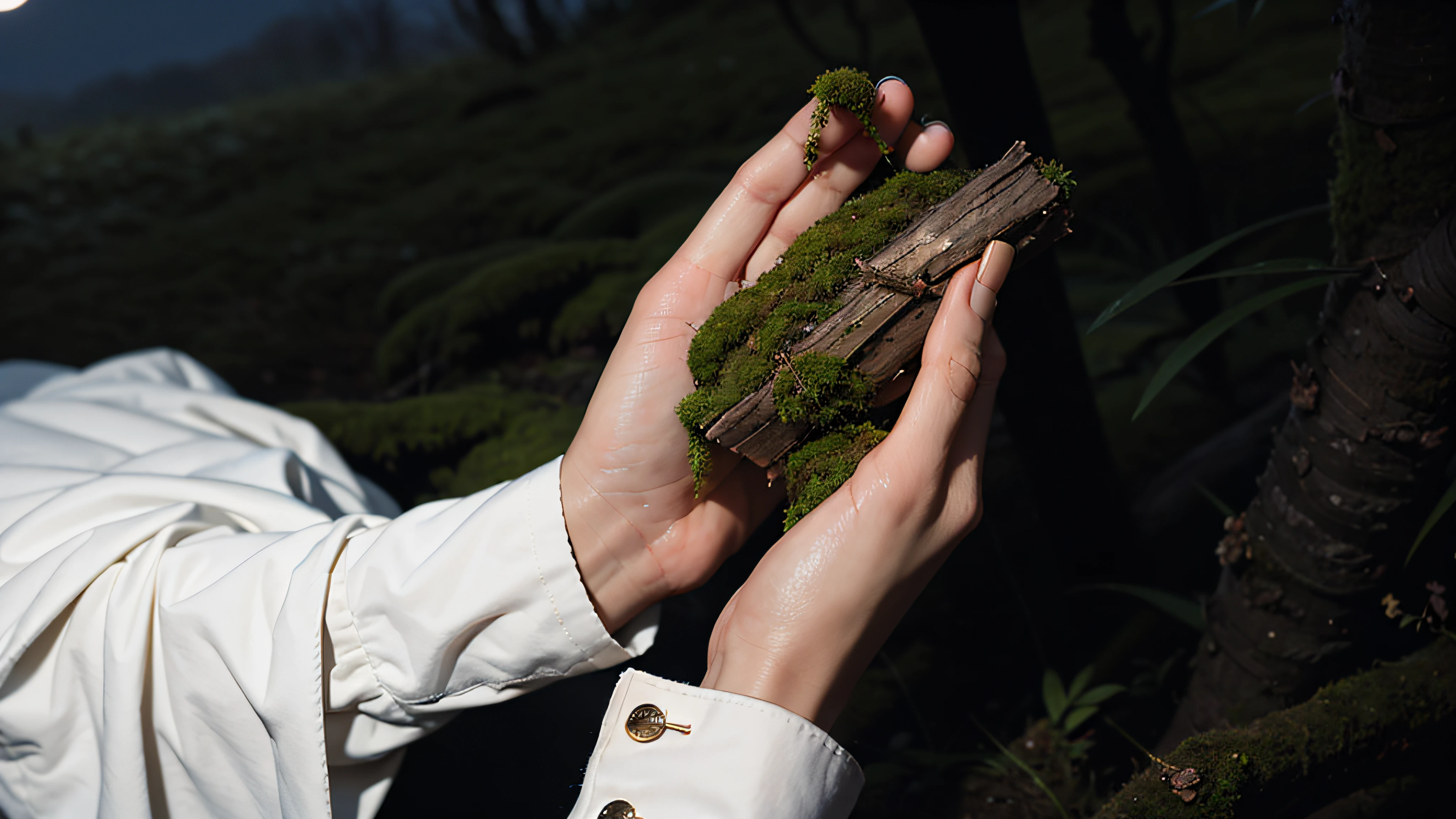 hands, holding moss, skin covered with moss, in the background of nature, night, moon light