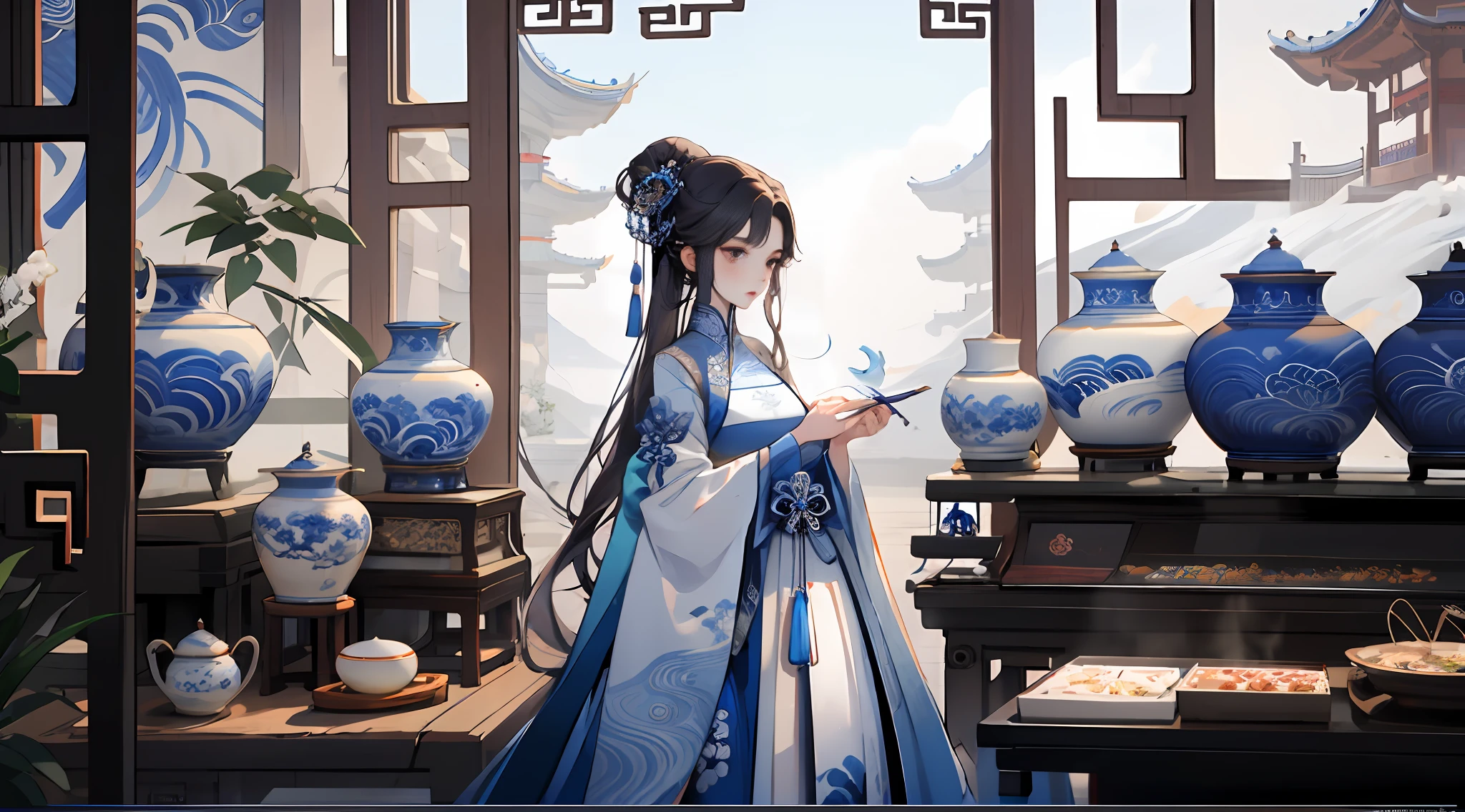 there is a woman in a blue and white dress standing in a room, palace ， a girl in hanfu, artwork in the style of guweiz, hanfu, chinese style, inspired by Ma Yuanyu, by Yang J, trending on cgstation, guweiz, wearing ancient chinese clothes, inspired by Hua Yan, inspired by Pu Hua