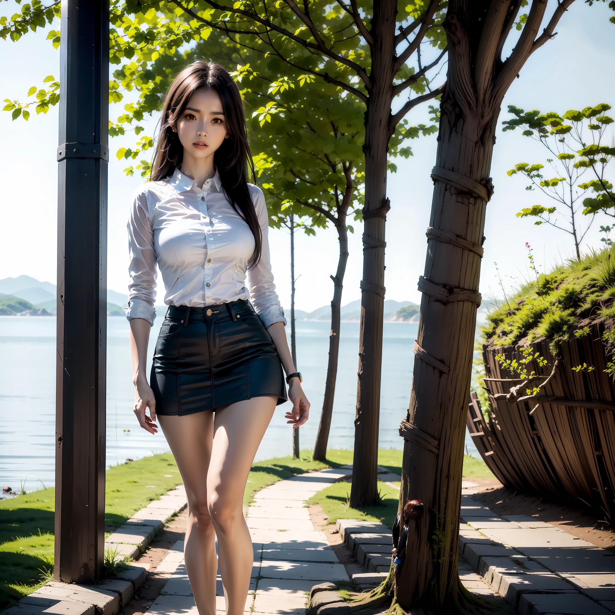 Temperament, big eyes, pretty, sexy, miniskirt, girl, tree, sea