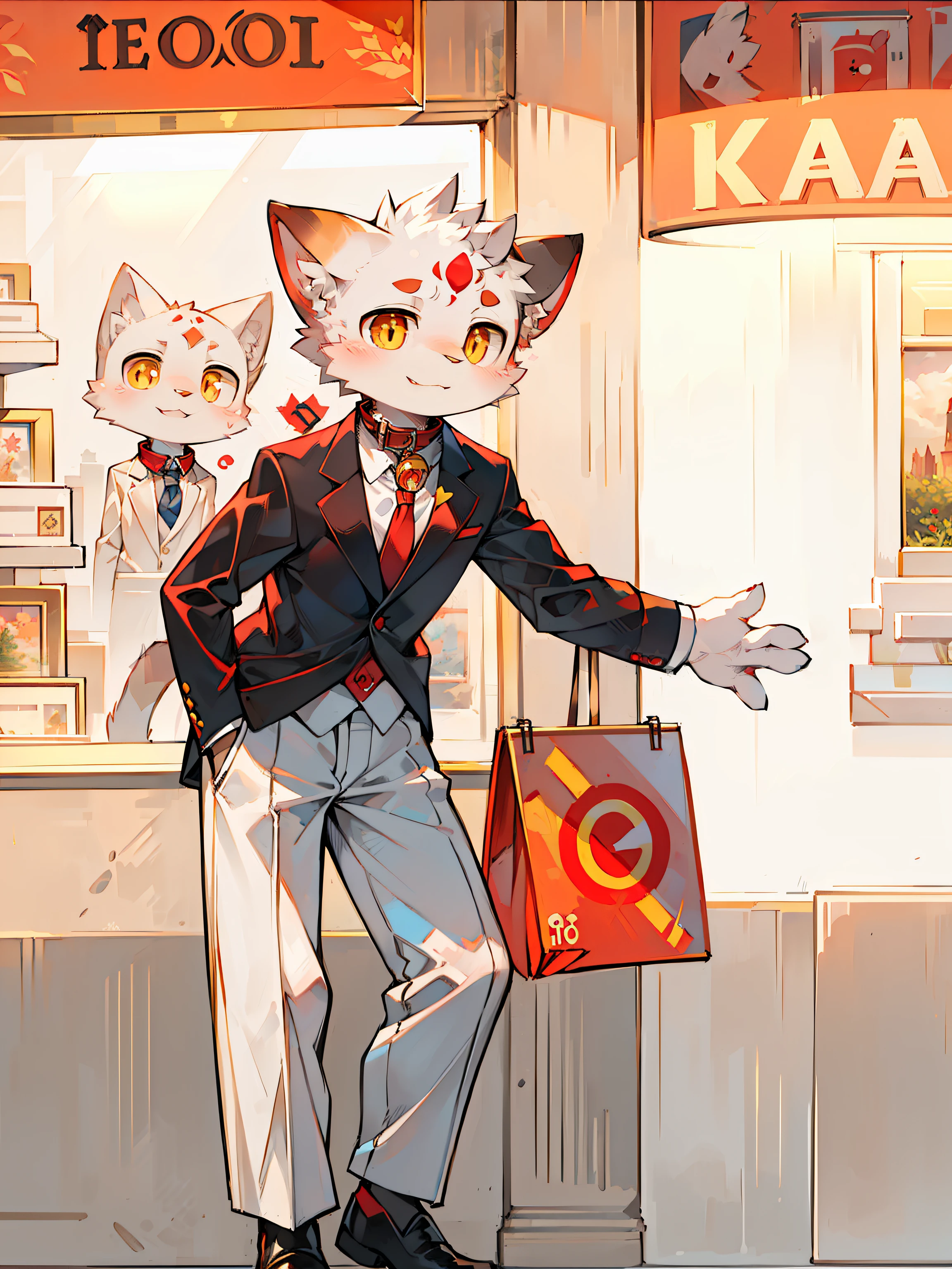 There is a cat in a suit and tie standing in front of a store, with a collar around his neck, golden pupils, gentle lighting, red round eyebrows, cute expression, red logo on his forehead, masterpiece, masterpiece, delicate painting style, 1080p, facial fur is white