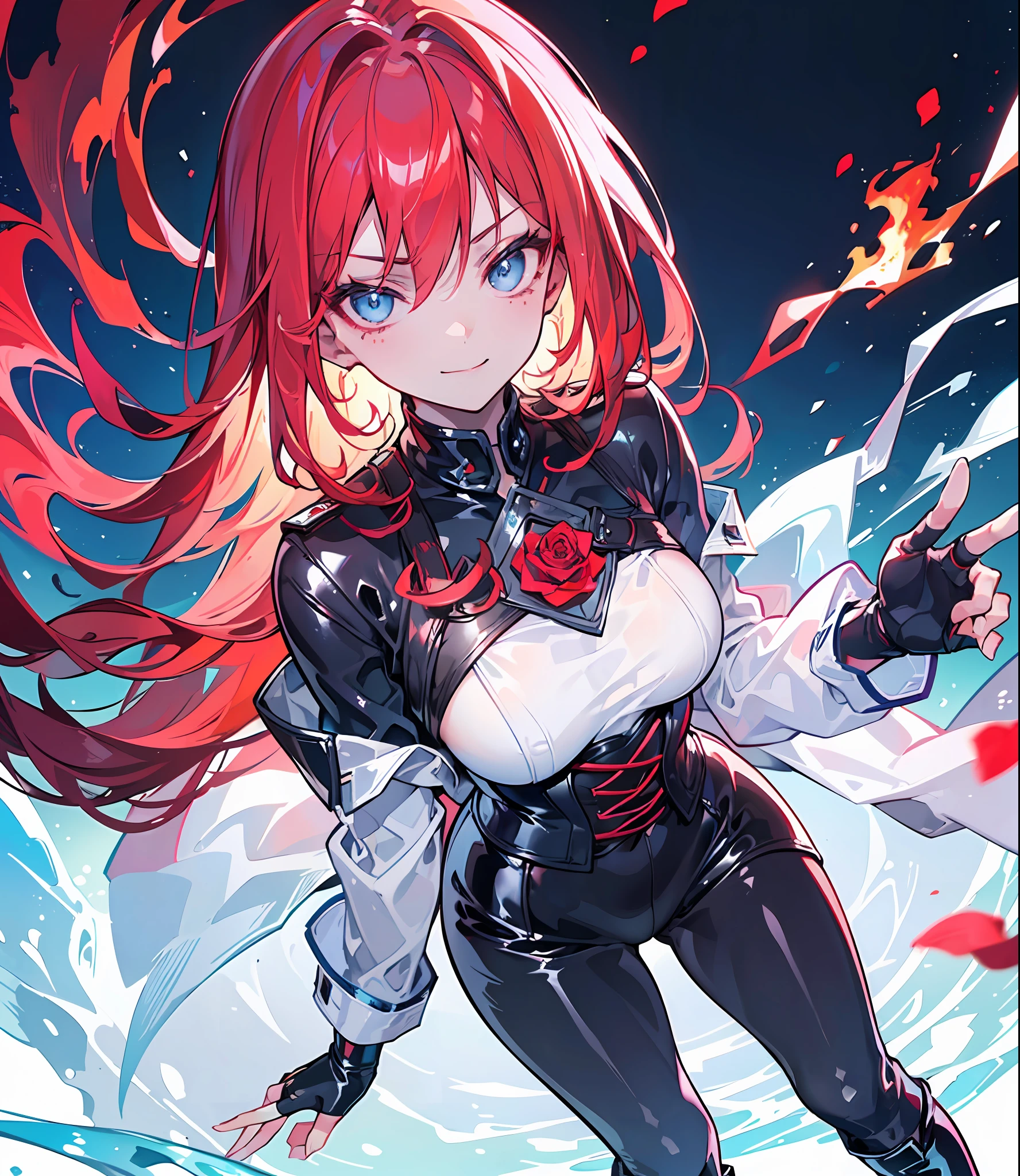 (girl), ((red hair)), (shaved temple),(Long hair)) ((black latex leggings)), ((latex short boots)), (fingerless gloves) ((white shirt)), (red cloak on hips), ((Soldier)), ((evil smile)) ((roses on clothes)), ((fire magic in hand)), ((belligerence)), (small breasts), ((1 person)), ((one girl)) ((portrait)), (black late corset), ((night in the background)), ((ice blue eyes)), ((burgundy hair)), ((without sexualization)), ((solo)), (((Closed clothes))), Space, space effect, beautiful