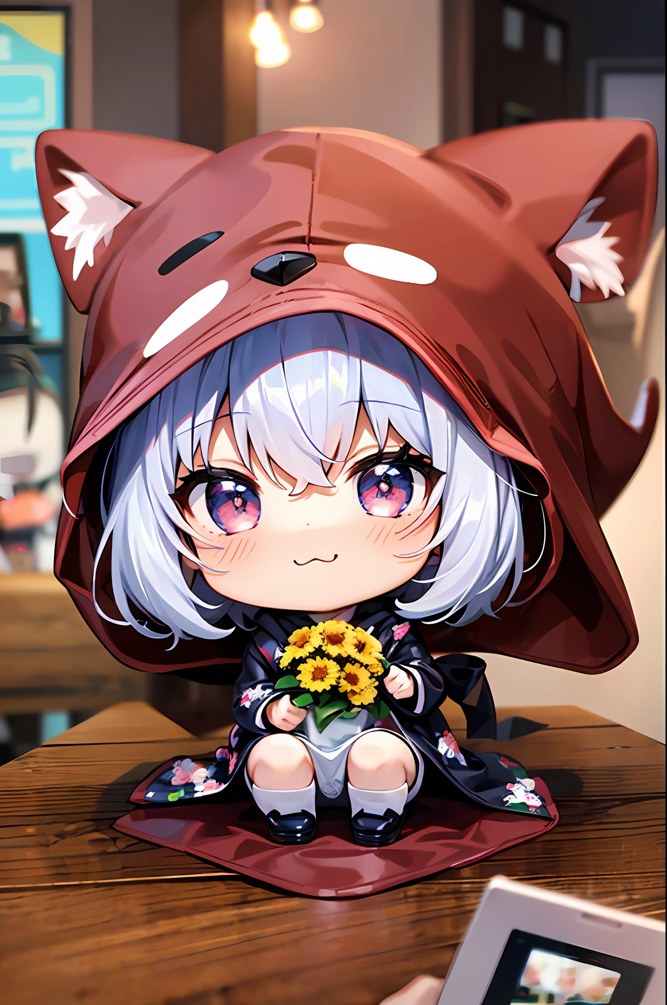 (Chibi: 1.3), happy, (holding a bouquet), full body, (Kigurumi), indoors, on the table, (Nendoroid),