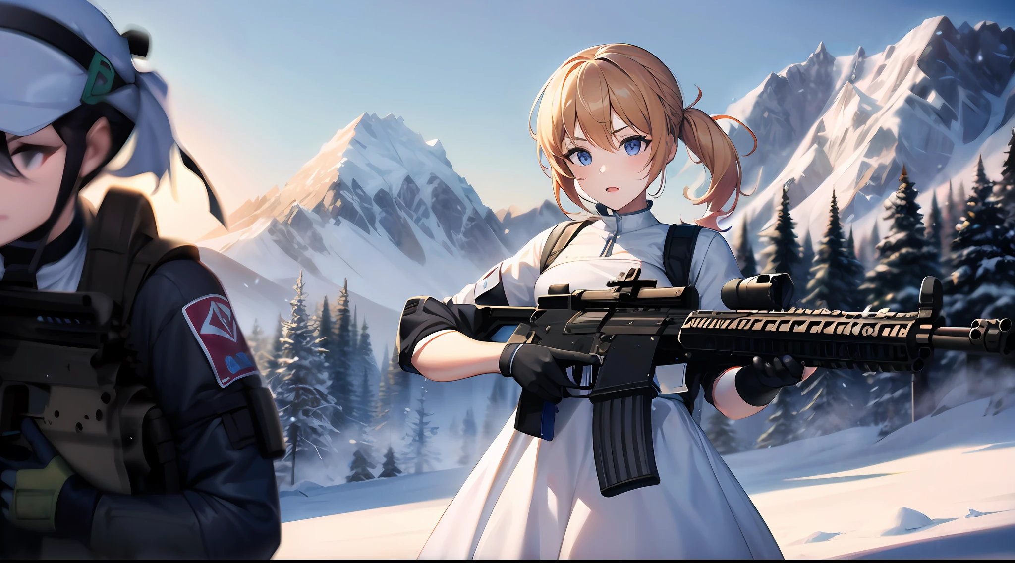 PMC, CQB, CQC, assault rifle, battle girl, snow mountain, white dress