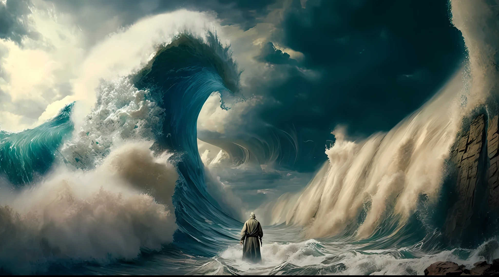 Immerse yourself in the mystical red sea opening, a breathtaking scene that defies logic and captivates the imagination. The waters part, revealing a passage that stretches as far as the eye can see. Sunlight bathes the expanse in a warm, golden glow, as if nature itself is bestowing its blessing upon this divine occurrence. Waves crash against the towering walls, creating a symphony of sound and motion. The atmosphere is charged with anticipation and wonder. Renowned photographer Steve McCurry, using a Sony A7R IV with a 35mm lens, expertly captures this miraculous moment. The combination of studio lighting and volumetric lighting adds depth and ethereal beauty to the image. 8K, Ultra-HD, Super-Resolution. --v 5 --q 2