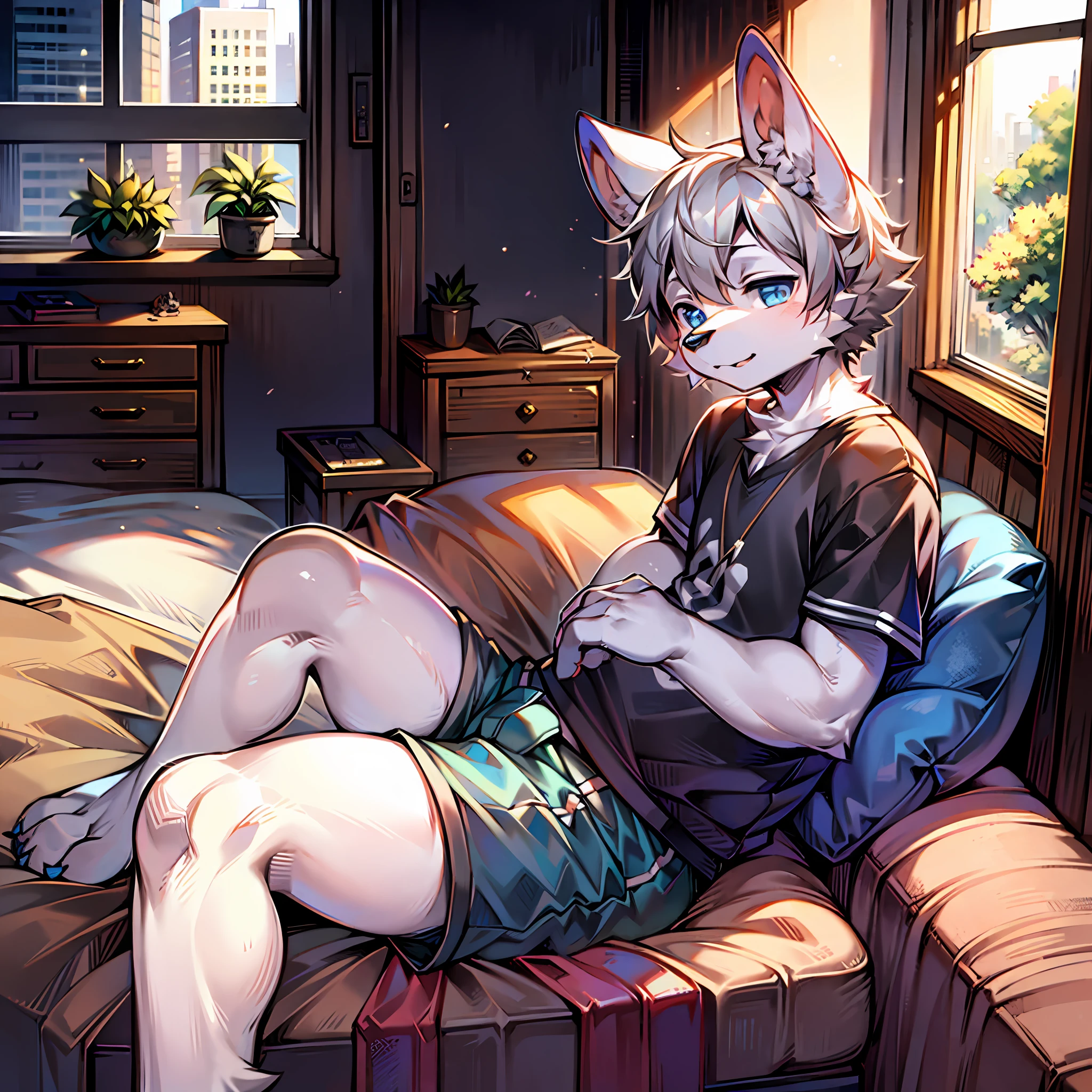Bright eyes, panorama, character focus, solo, furry, furry male dog, male, white fur, blue eyes, gray hair (long), wearing shorts and shorts, casual clothing, young style, height one meter seven, cute, has a tail, summer, modern style, facing the audience, room, sitting on bed, window, daytime, fleshy, slightly fat, dog, perfect light and shadow, high quality, chubby, erect