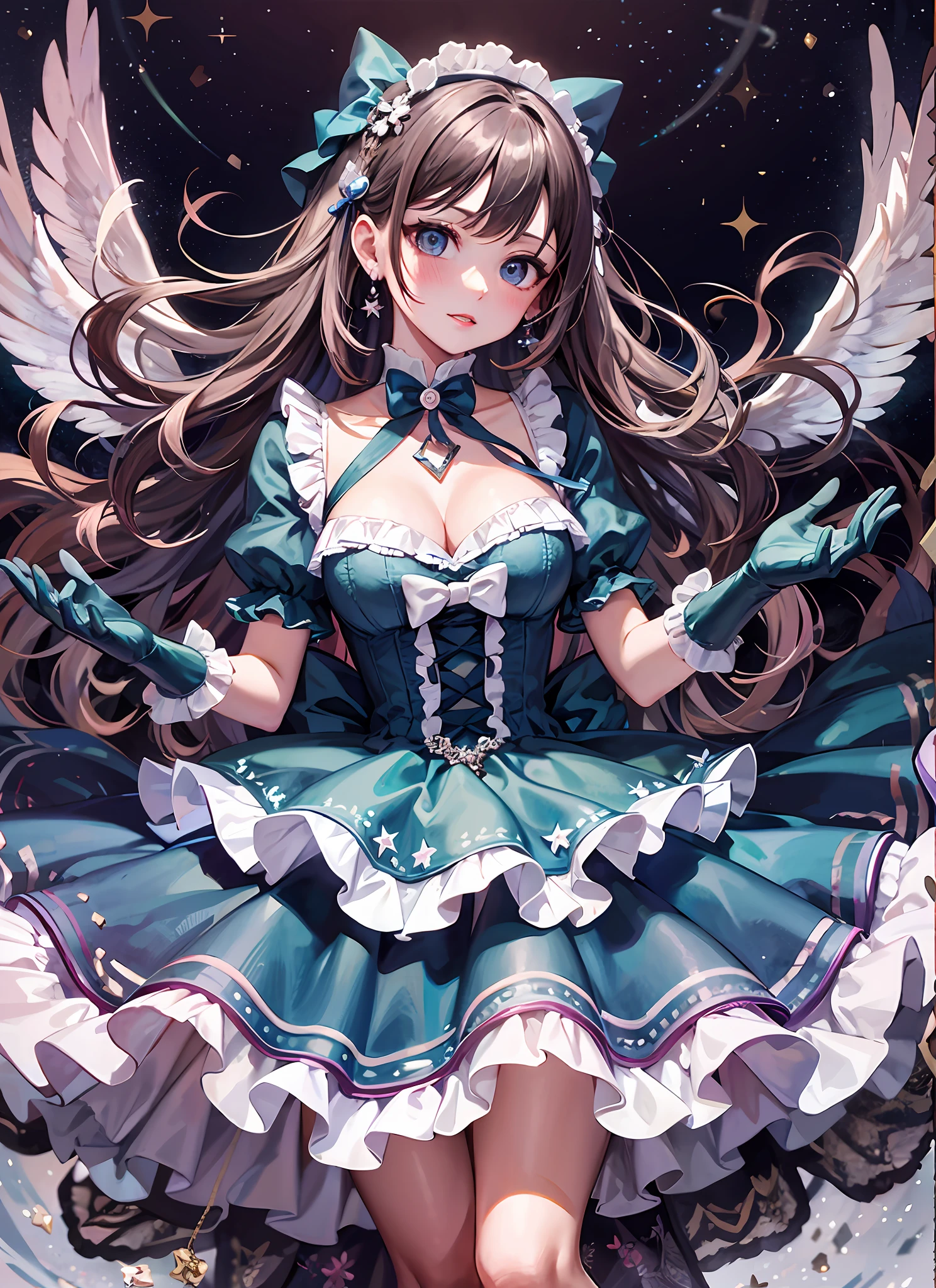 Super gorgeous, extreme multiplication, shiny crystal, cinematic lighting, curly hair, Roman curls, frills, misty, Alice in wonderland, dramatic composition, extreme detail, high resolution, dress, bow, pearl necklace, lace gloves, bow, ribbon, floating, levitating, fly, misty, starry, dreamy, transparent fabric, layered yarn, transparent gauze skirt