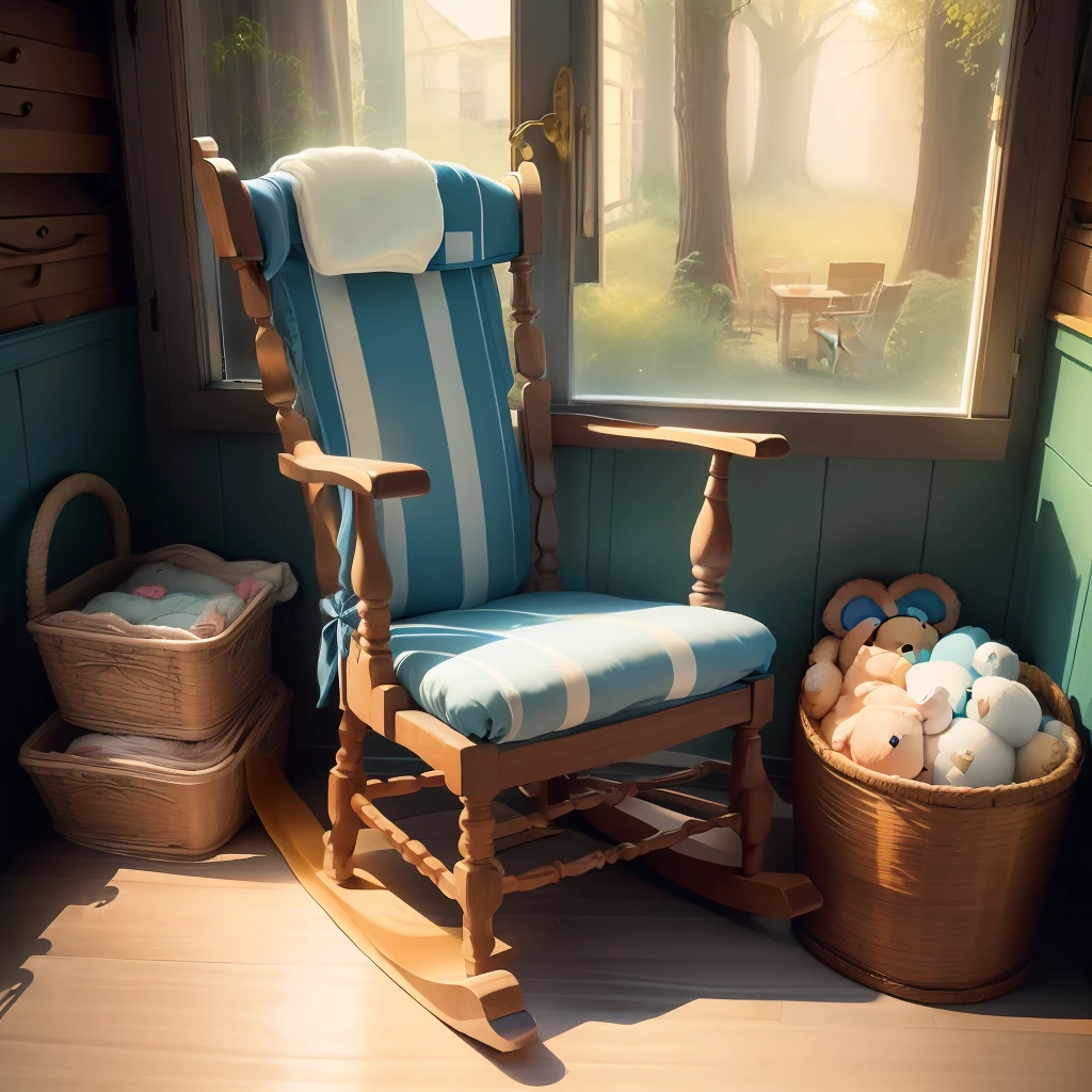 Room of 3x3m with a blue wall, other white walls, with only a white crib, a chair for breastfeeding, a chest of drawers, a teddy bear themed rug, teddy bears on the floor also of the teddy bear, a window on the left. The walls cannot have any objects in them