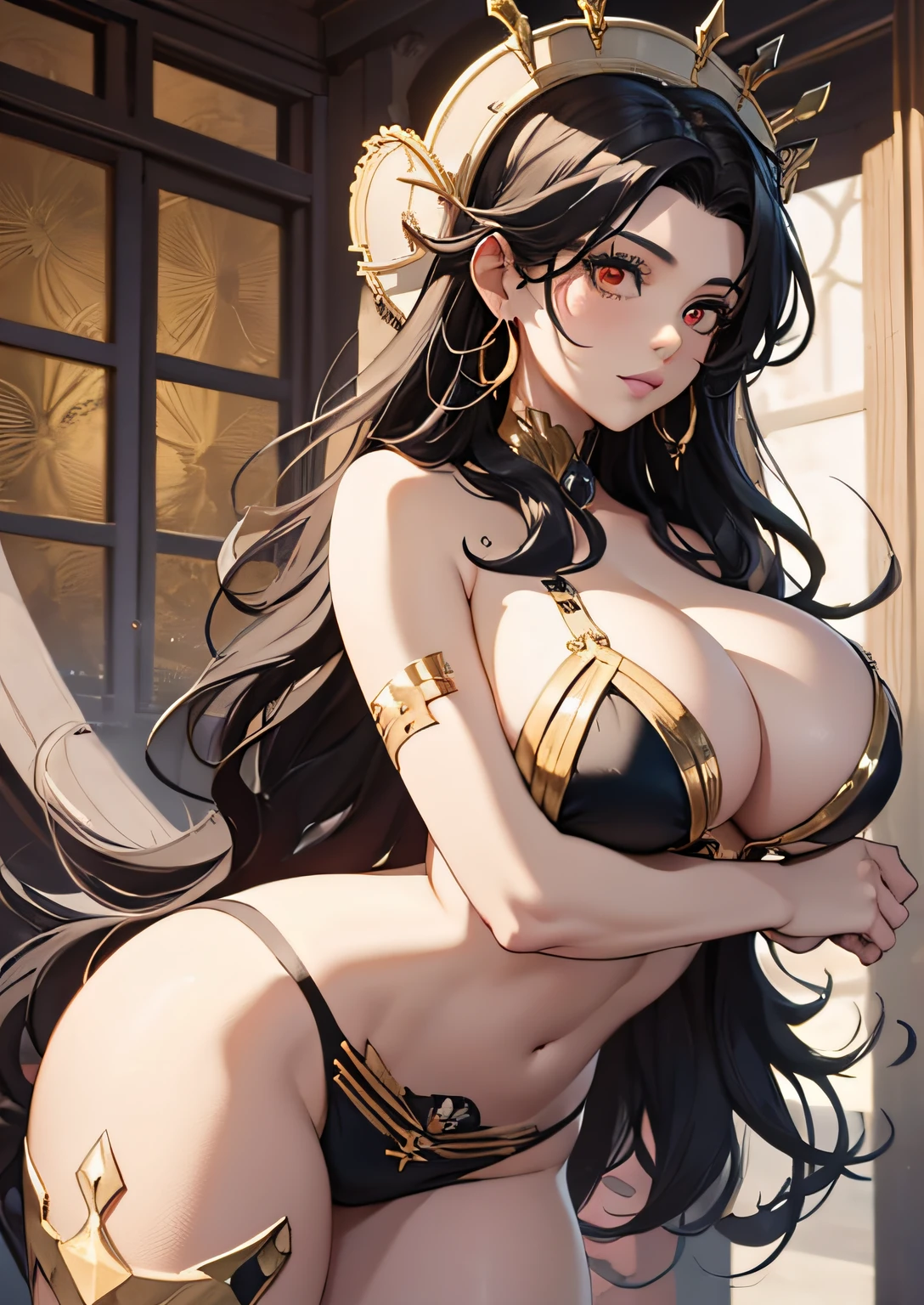 Best quality, masterpiece, beautiful girl in white-black-gold bikini, ishtar, divine, detailed, intricate, sexy, big boobs, ripped, realistic, "cowboy shot"