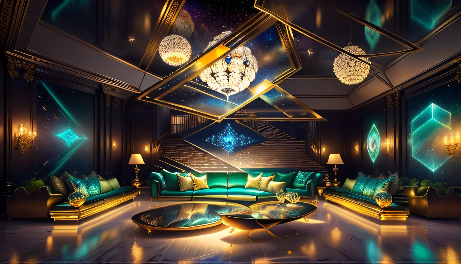 there are many lights that are hanging from the ceiling, stunning arcanum backdrop, 3d magical details, intricate sparkling atmosphere, graphic of enchanted terrarium, geometric backdrop; led, luxury item showcase, baroque marble and gold in space, ethereal art deco, a crystalline room, abstract scene design, background art deco palace, royal green and nature light