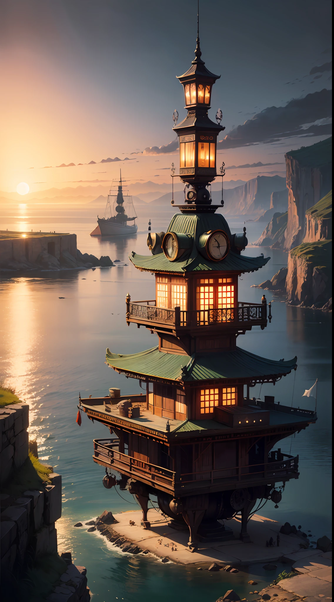 (Best quality), Oriental detailed background, landscape, steampunk, sea, night --auto