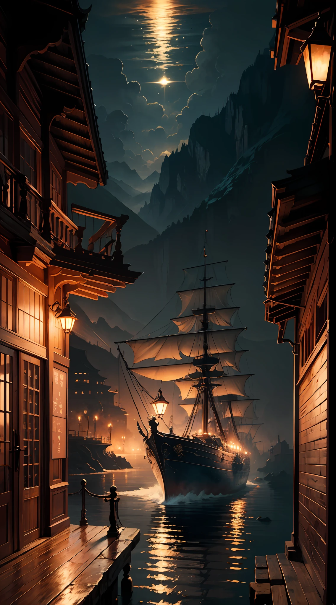 (Best quality), Oriental detailed background, landscape, steampunk, sea, night --auto