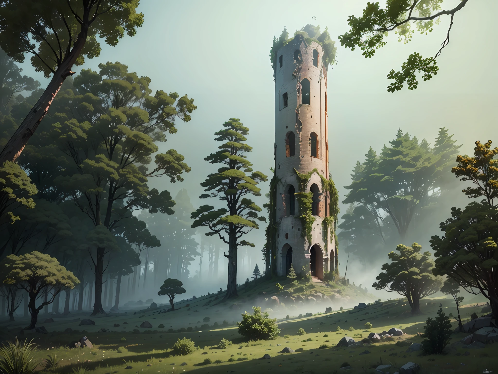 ruined tower, tall circular tower with broken top, surrounded by trees, middle of the forest, dense fog, landscape, midjourney, ultra realistic --auto --s2