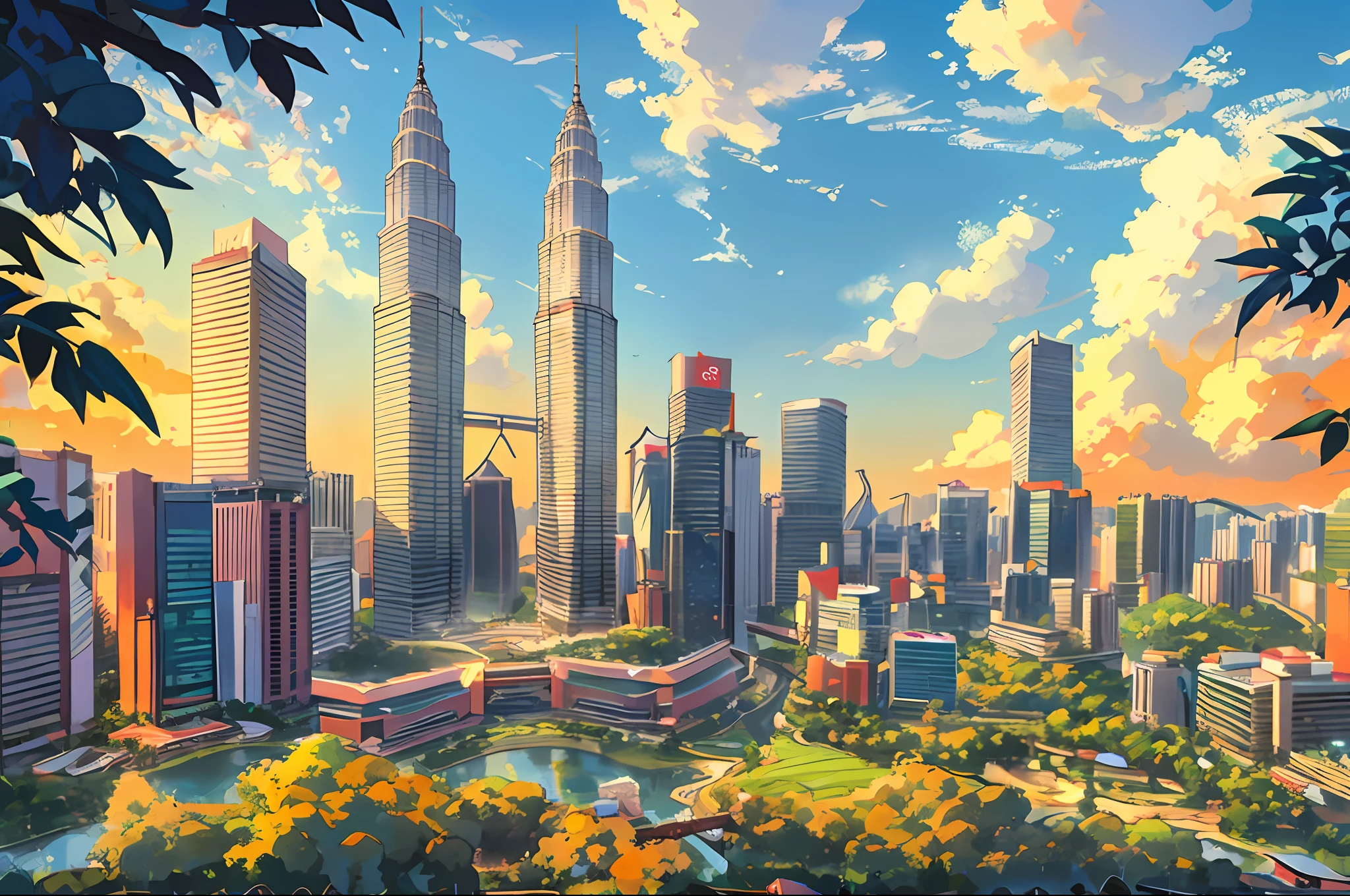 arafed view of a city with a river and a bridge, kuala lumpur, malaysian, malaysia with a paddy field, beautiful cityscape, shutterstock, beautiful city of the future, malaysia jungle, outdoors tropical cityscape, beautiful city, by Bernardino Mei, best on adobe stock, vibrant and vivid, tall buildings in background, twin towers, travel, beautiful high resolution