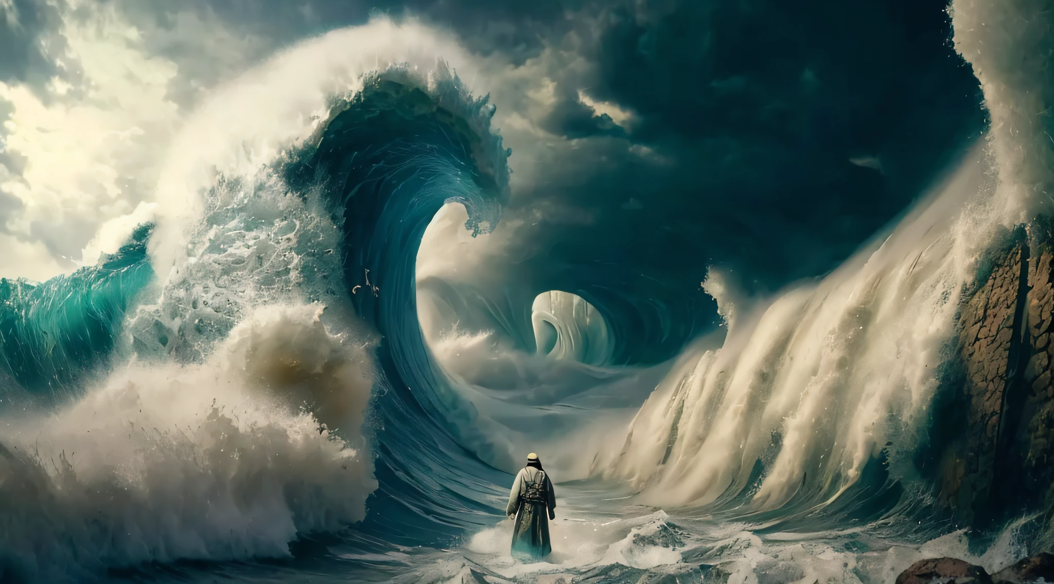 Immerse yourself in the mystical red sea opening, a breathtaking scene that defies logic and captivates the imagination. The waters part, revealing a passage that stretches as far as the eye can see. Sunlight bathes the expanse in a warm, golden glow, as if nature itself is bestowing its blessing upon this divine occurrence. Waves crash against the towering walls, creating a symphony of sound and motion. The atmosphere is charged with anticipation and wonder. Renowned photographer Steve McCurry, using a Sony A7R IV with a 35mm lens, expertly captures this miraculous moment. The combination of studio lighting and volumetric lighting adds depth and ethereal beauty to the image. 8K, Ultra-HD, Super-Resolution. --v 5 --q 2
