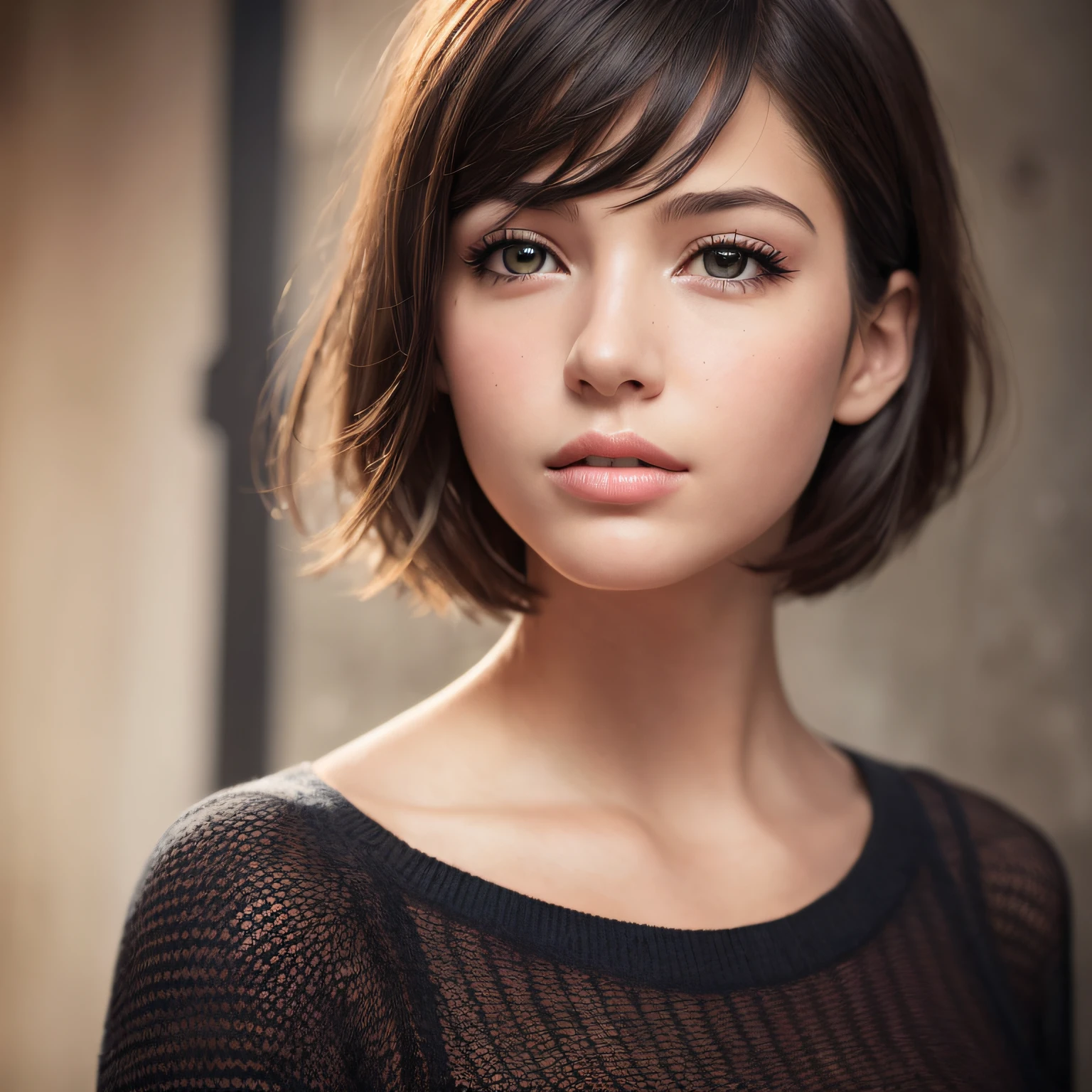 (masterpiece:1.3), (8k, photorealistic, RAW photo, best quality: 1.4), (1girl), beautiful face, (realistic face), (black hair, short hair:1.3), beautiful hairstyle, realistic eyes, beautiful detailed eyes, (realistic skin), beautiful skin, (sweater), absurdres, attractive, ultra high res, ultra realistic, highly detailed, golden ratio