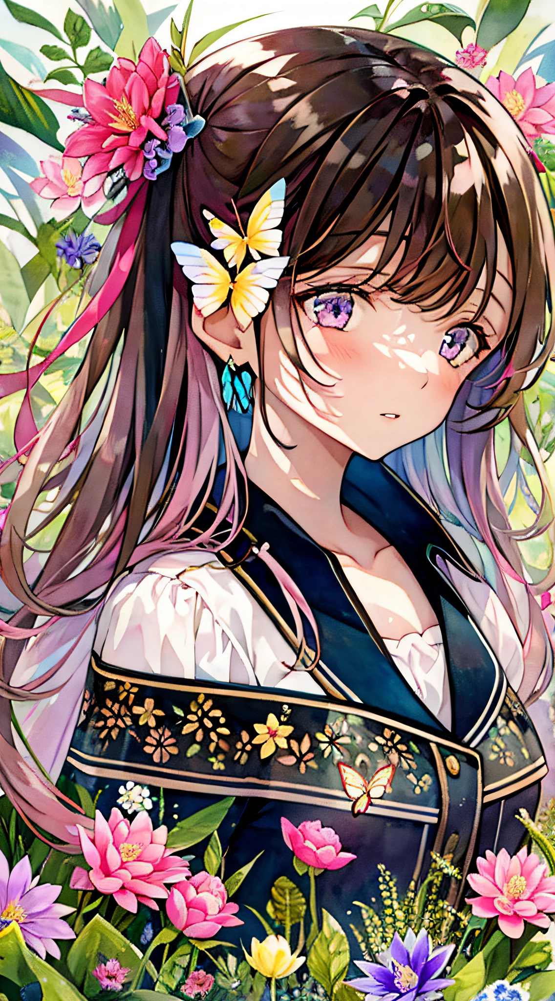 1girl, animal, artist_name, bangs, black_ribbon, blue_butterfly, blush, breasts, brown_eyes, brown_hair, bug, butterfly, butterfly_hair_ornament, butterfly_on_hand, butterfly_wings, collarbone, daisy, eyebrows_visible_through_hair, flower, glowing_butterfly, hair_between_eyes, holding, holding_flower, leaf, lily_\(flower\), long_hair, long_sleeves, looking_at_viewer, lotus, marker_\(medium\), medium_breasts, multicolored_hair, painting_\(medium\), parted_lips, pink_eyes, pink_flower, purple_eyes, purple_flower, purple_hair, ribbon, solo, traditional_media, tulip, upper_body, watercolor_\(medium\), white_butterfly, yellow_butterfly