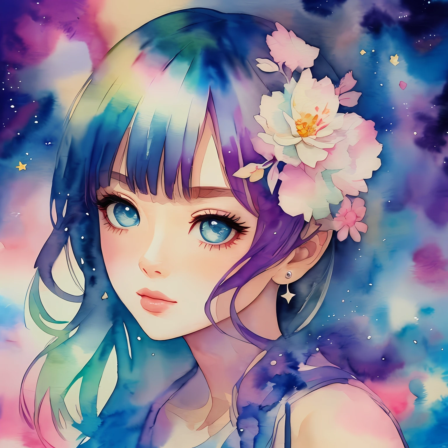 (Best Quality), (Masterpiece: 1.2), (Colorful: 0.9), (Ink Splash), (Color Splash), ((Watercolor)), Sharp Focus, (Portrait Summer Goddess: 1.5), Cute Look, Elegant Pastel Haircut, Beautiful and Detailed Face and Eyes, Elegant Clothes, Summer Starry Sky Background, Colored Water